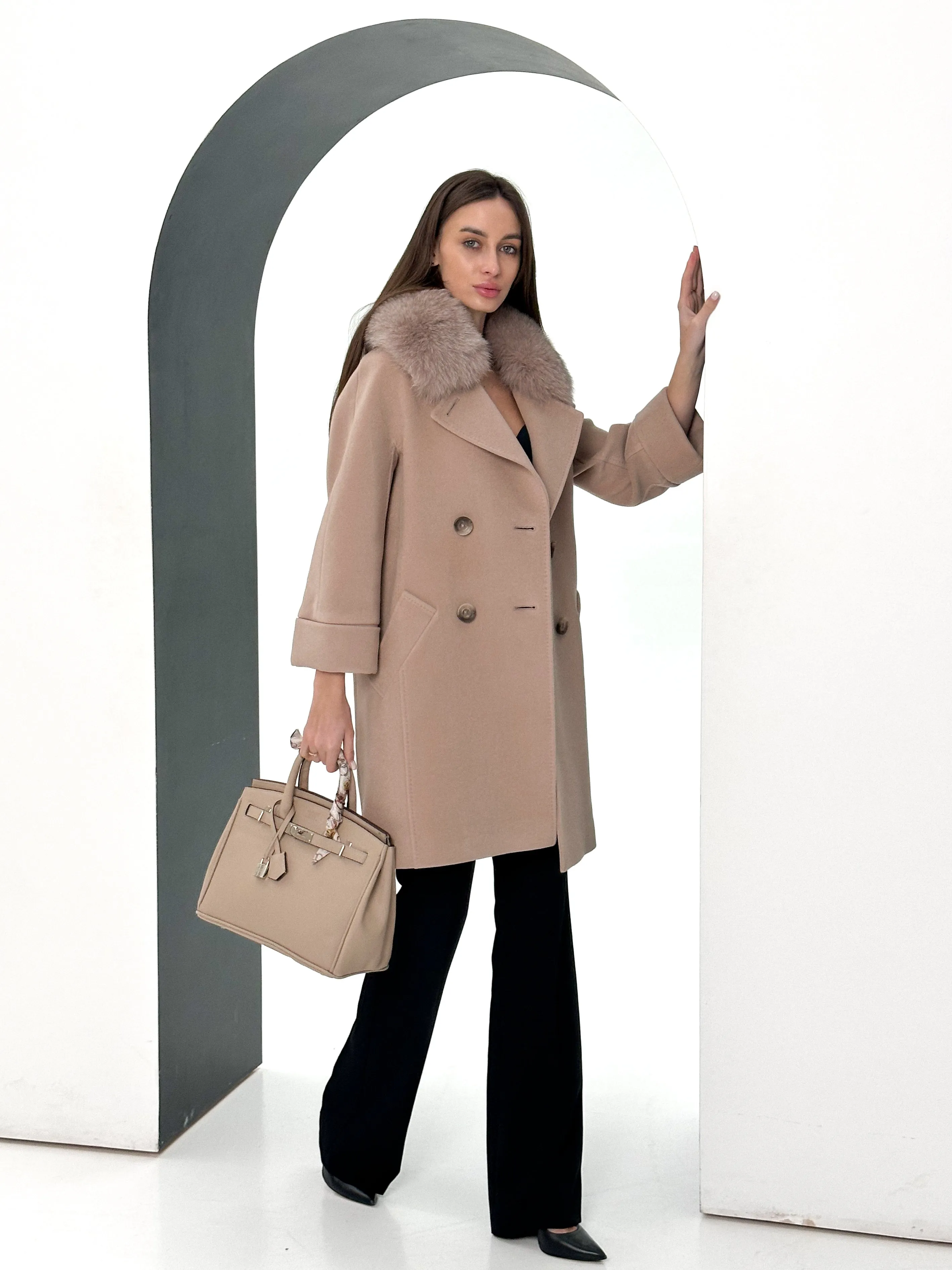 Genuine Polar Fox Tailored Cashmere-Wool Coat