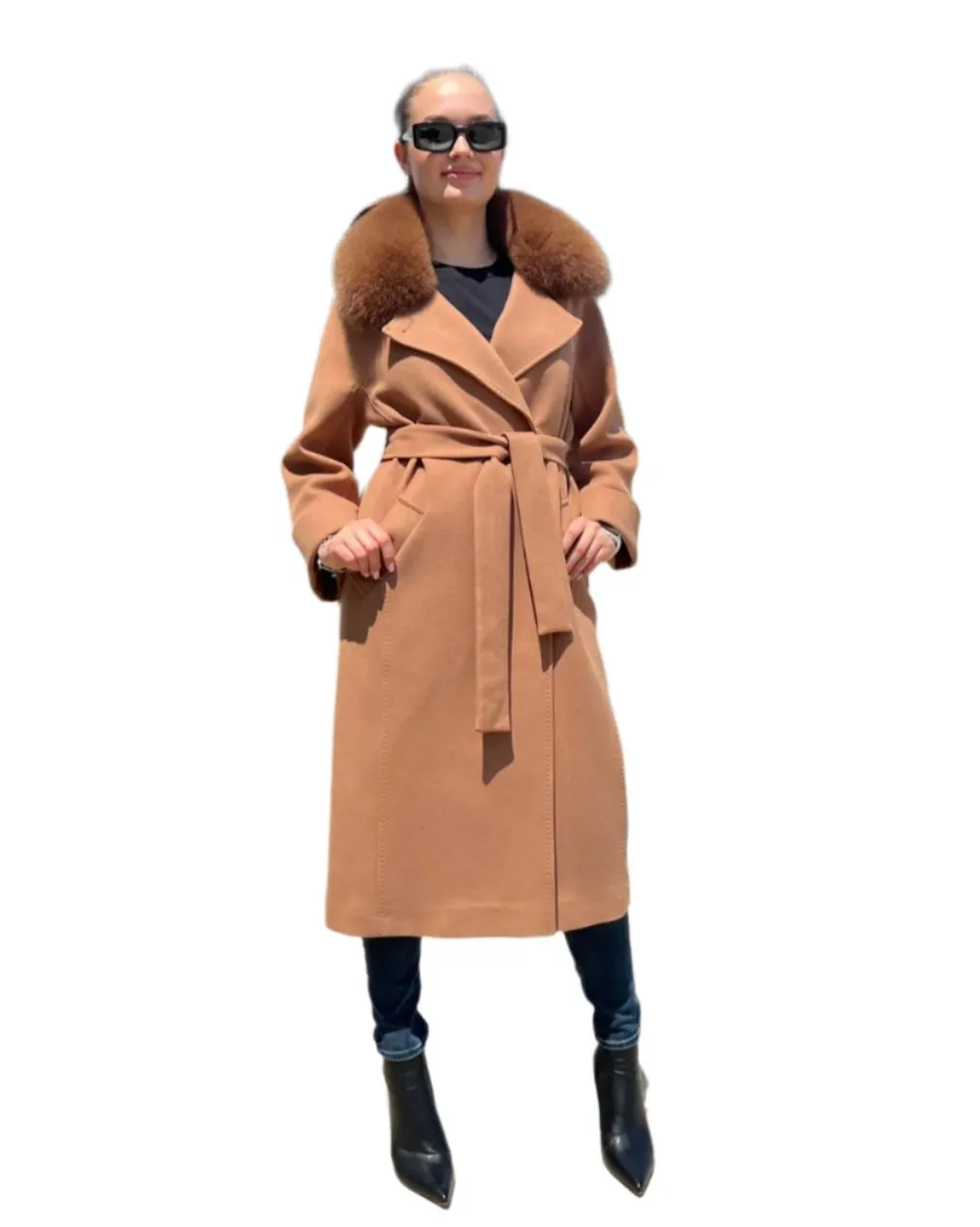 Genuine Polar Fox Tailored Cashmere Wool Coat