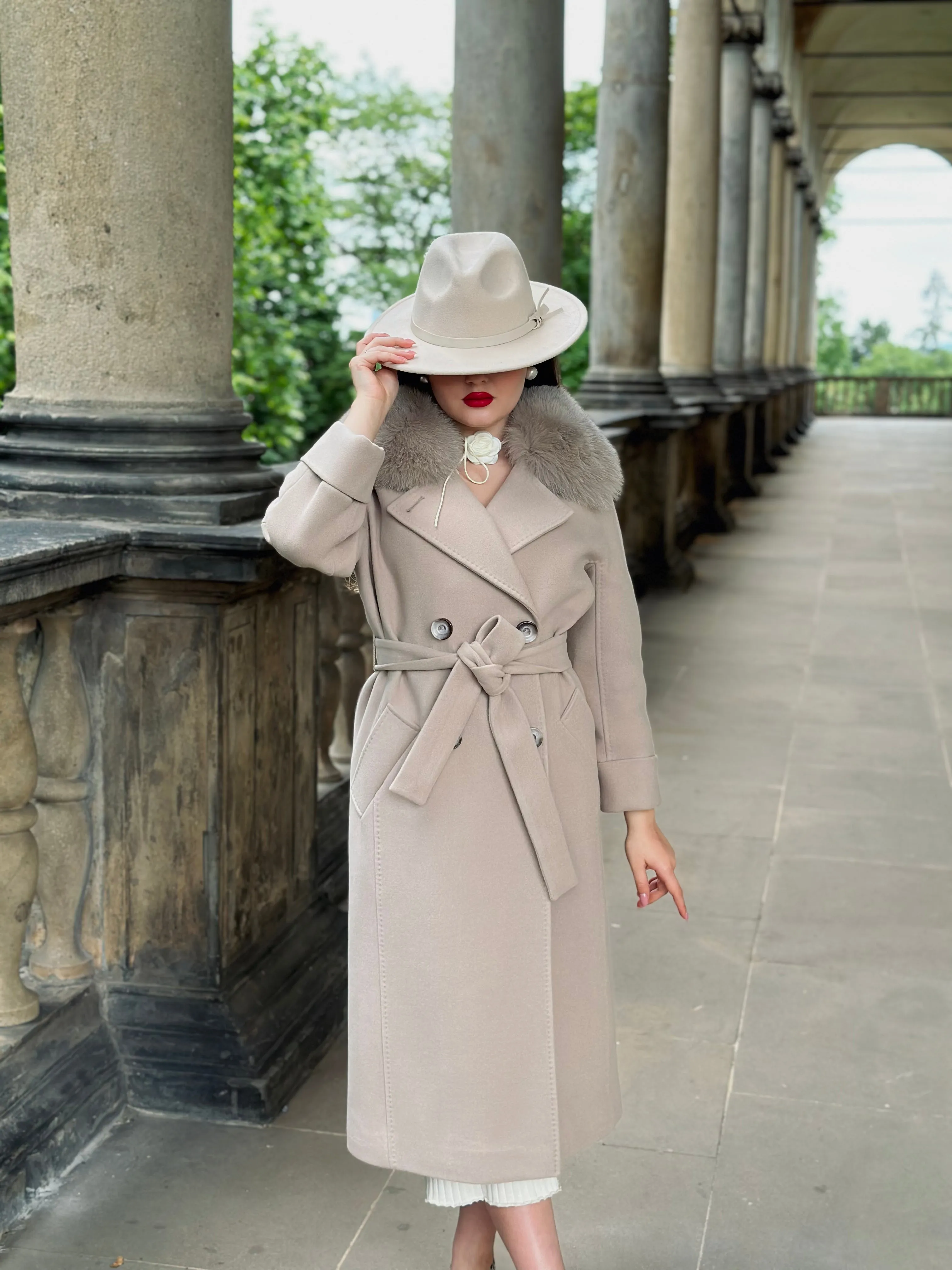 Genuine Polar Fox Tailored Cashmere Wool Coat