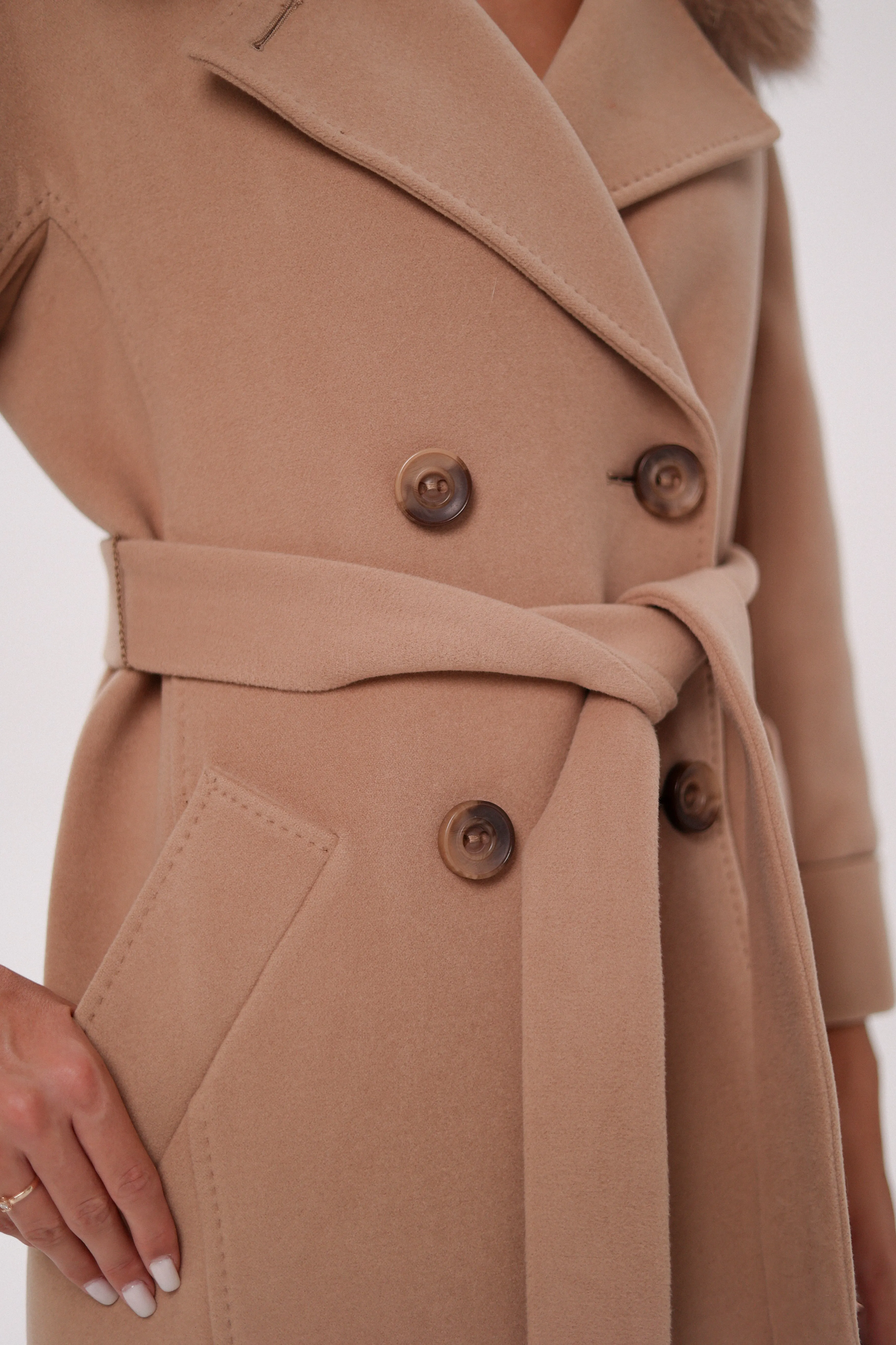 Genuine Polar Fox Tailored Cashmere-Wool Coat