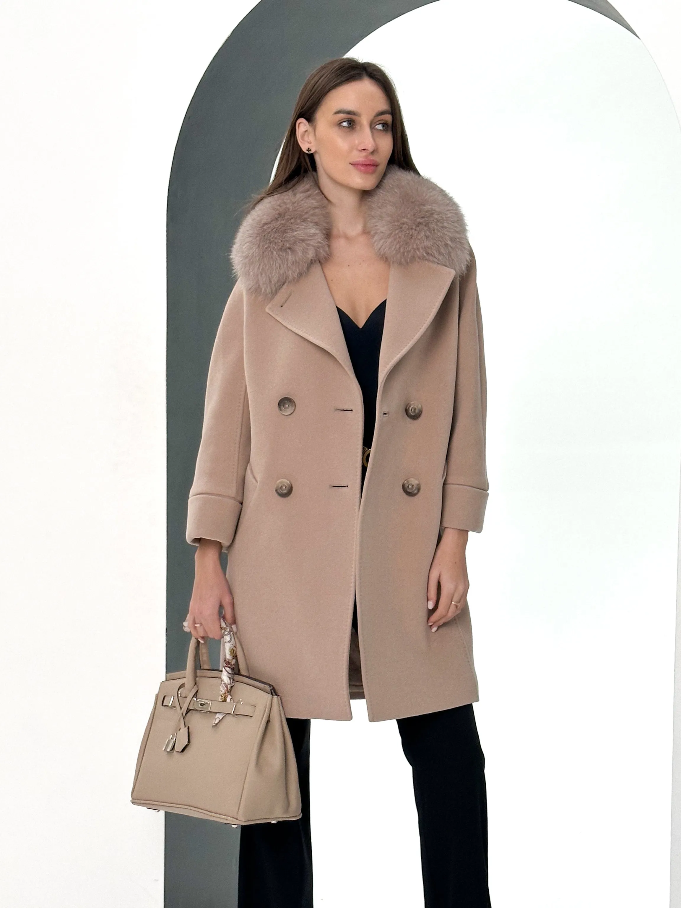 Genuine Polar Fox Tailored Cashmere-Wool Coat