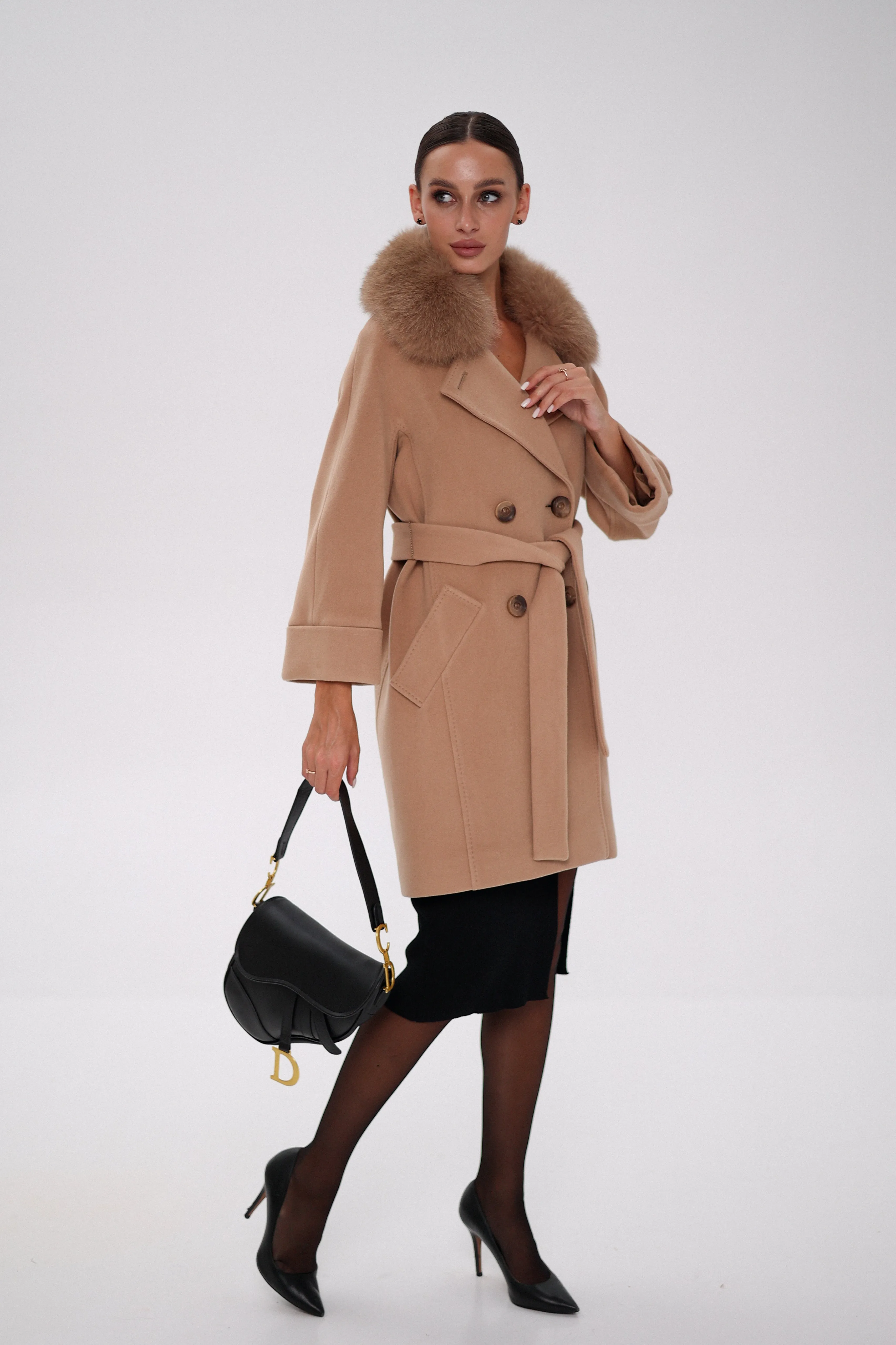 Genuine Polar Fox Tailored Cashmere-Wool Coat