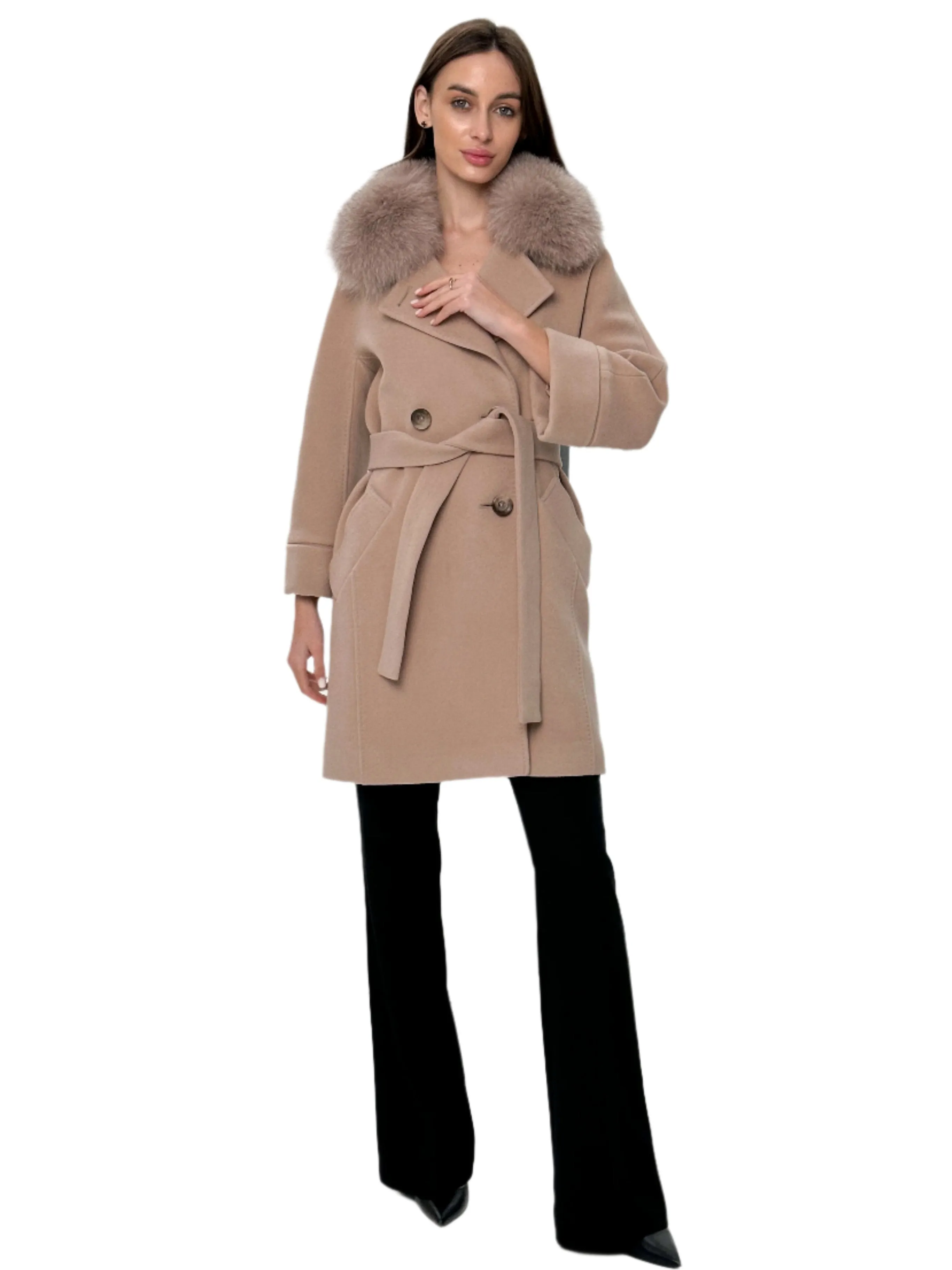 Genuine Polar Fox Tailored Cashmere-Wool Coat