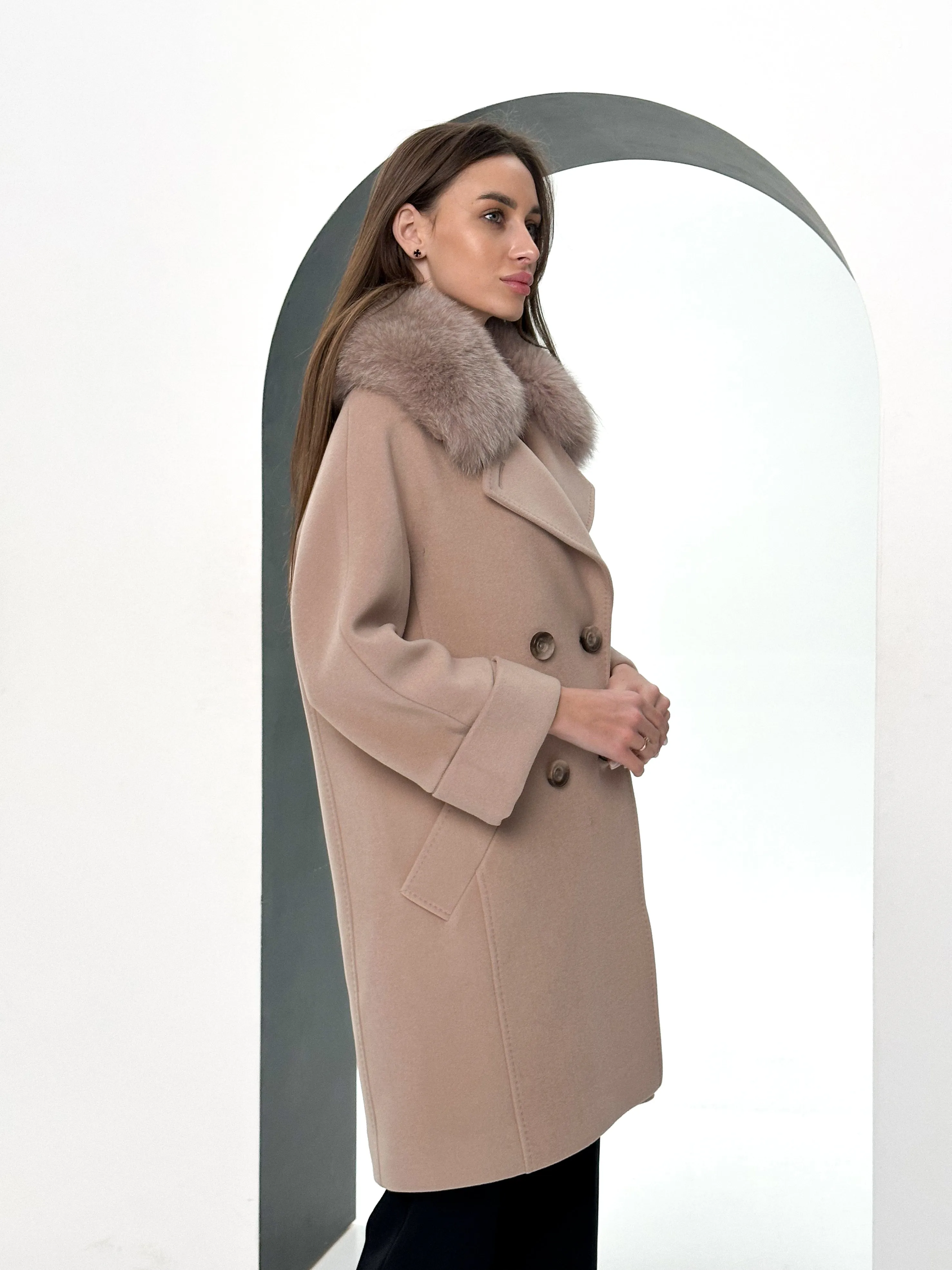 Genuine Polar Fox Tailored Cashmere-Wool Coat