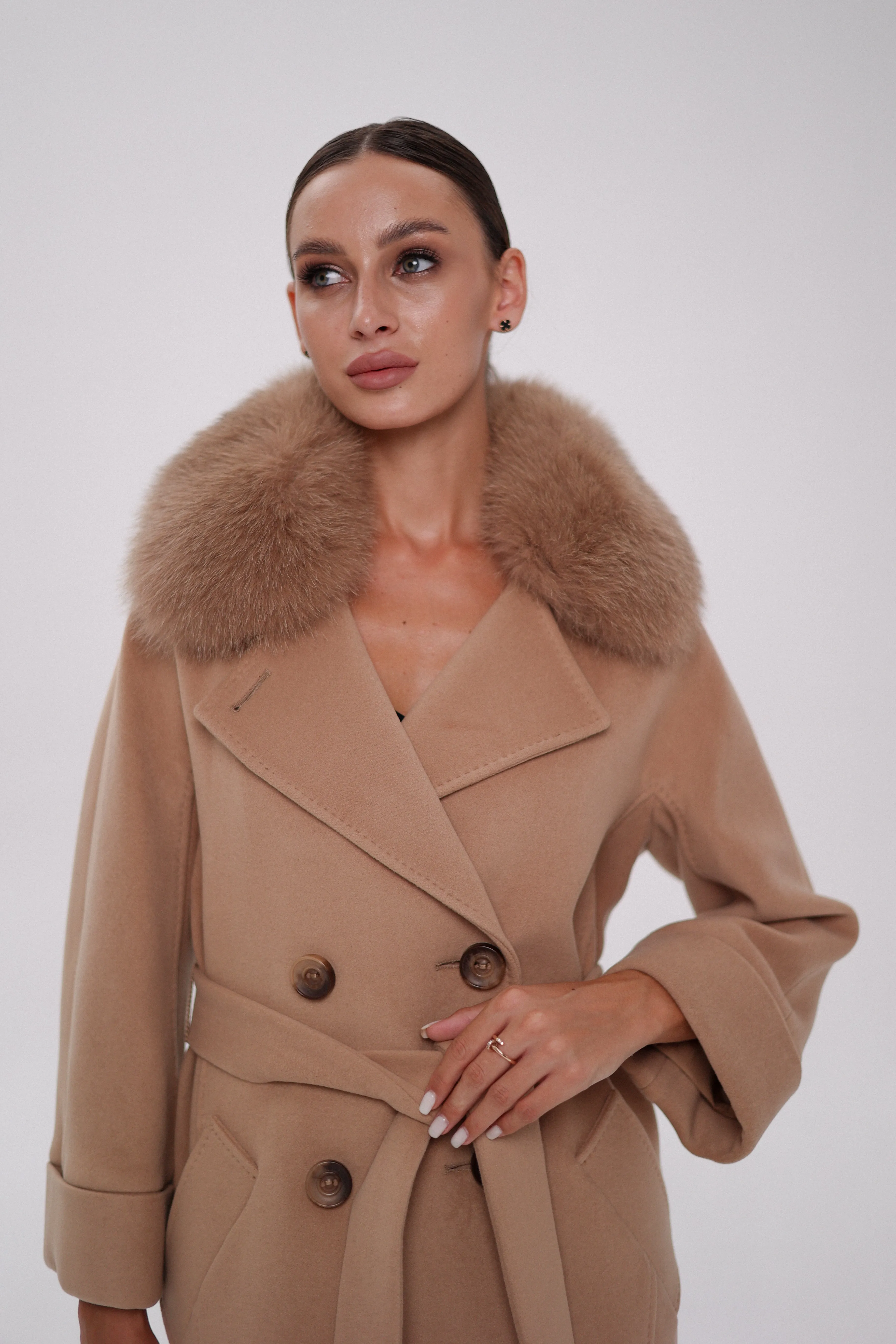 Genuine Polar Fox Tailored Cashmere-Wool Coat