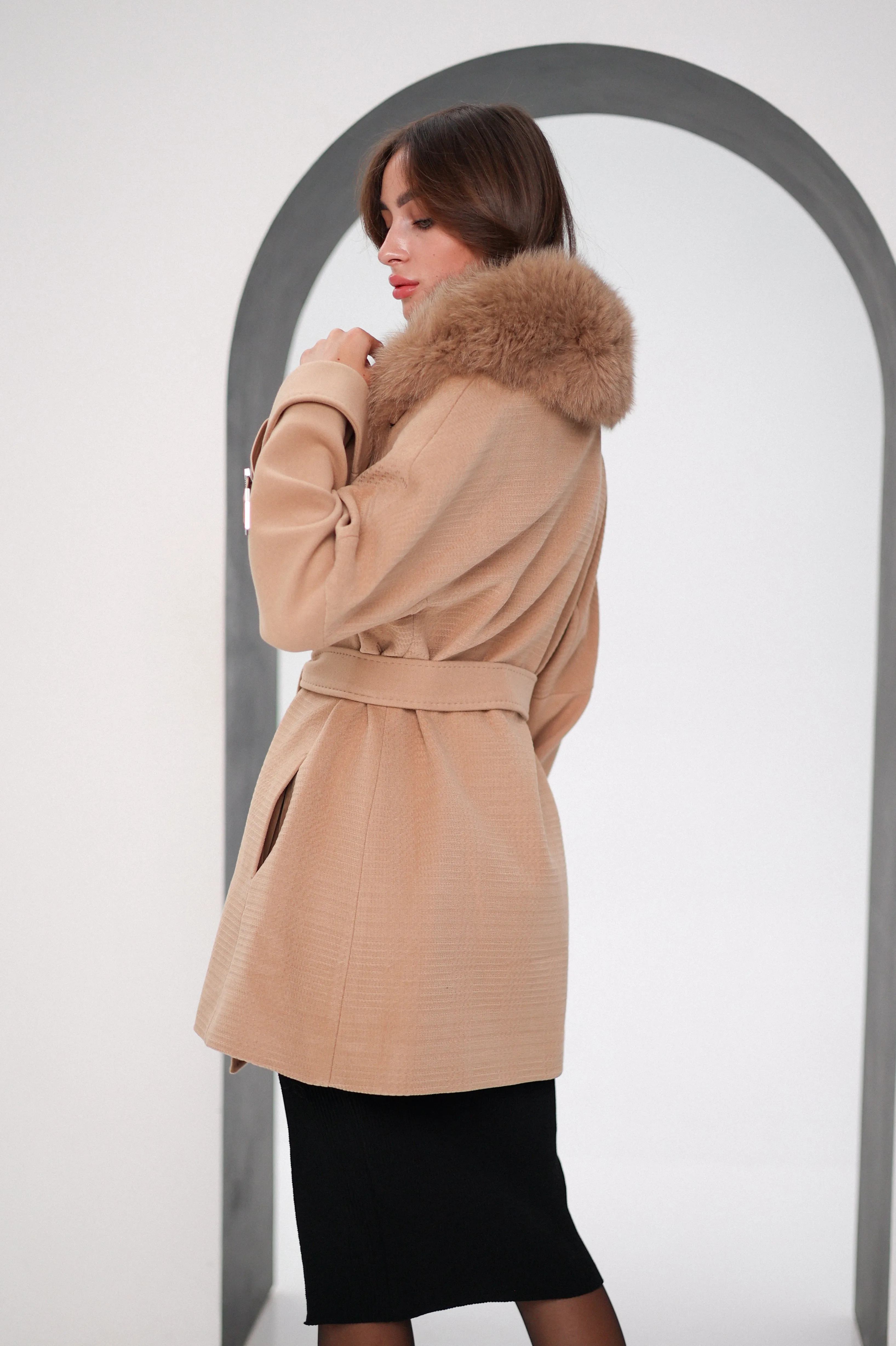 Genuine Polar Fox Textured Cashmere-Wool Coat