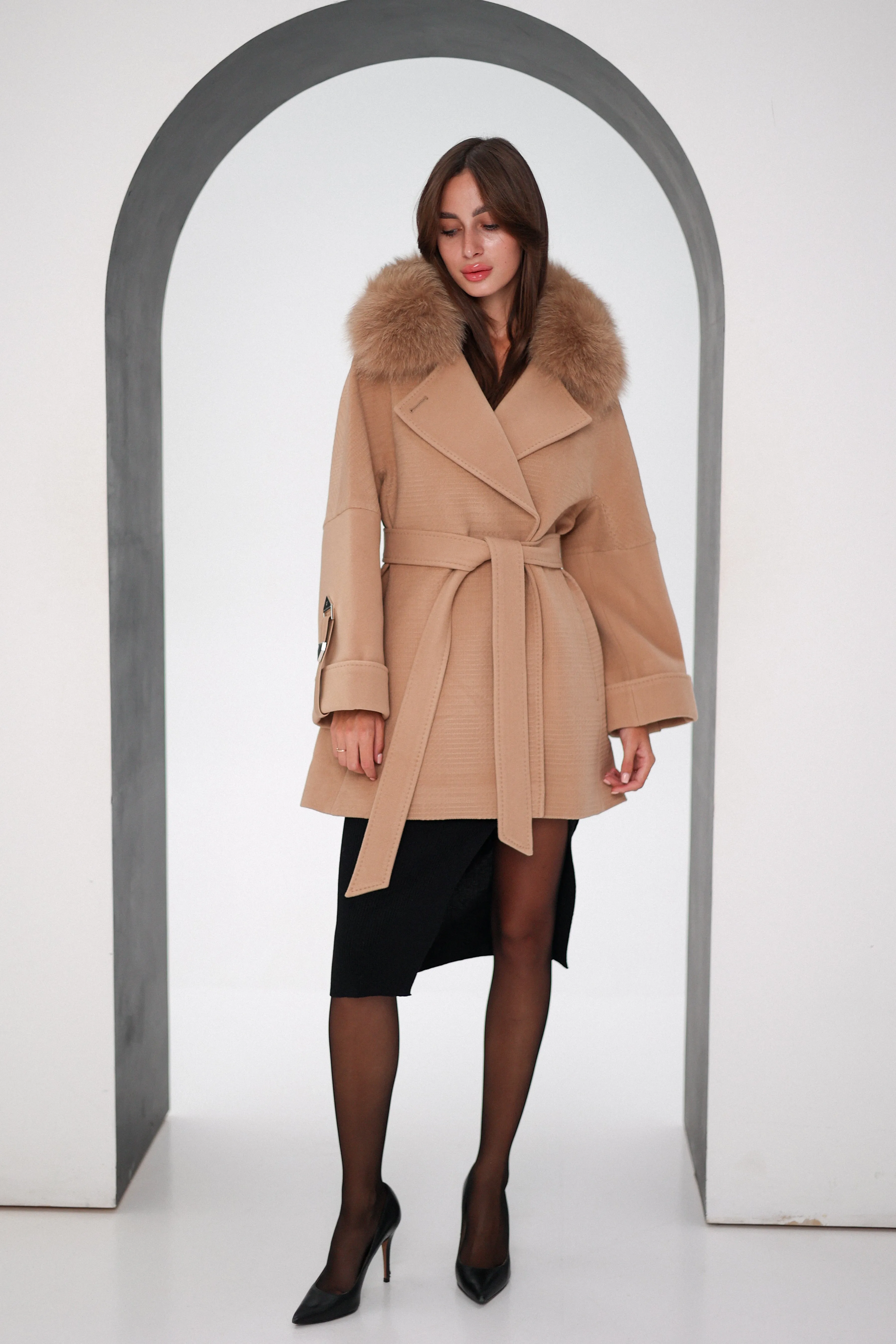 Genuine Polar Fox Textured Cashmere-Wool Coat