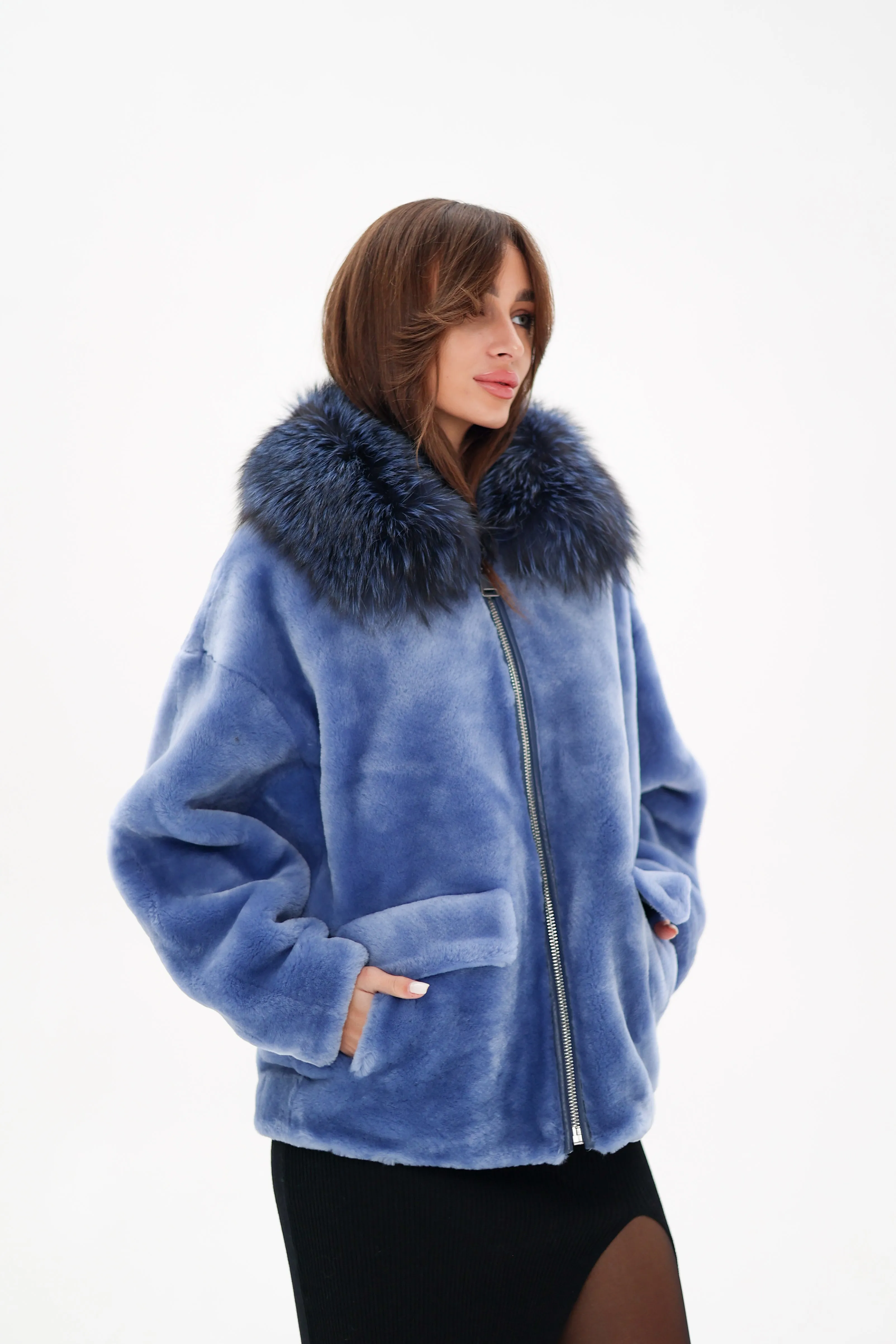 Genuine Shearling Silver Fox Trim Jacket