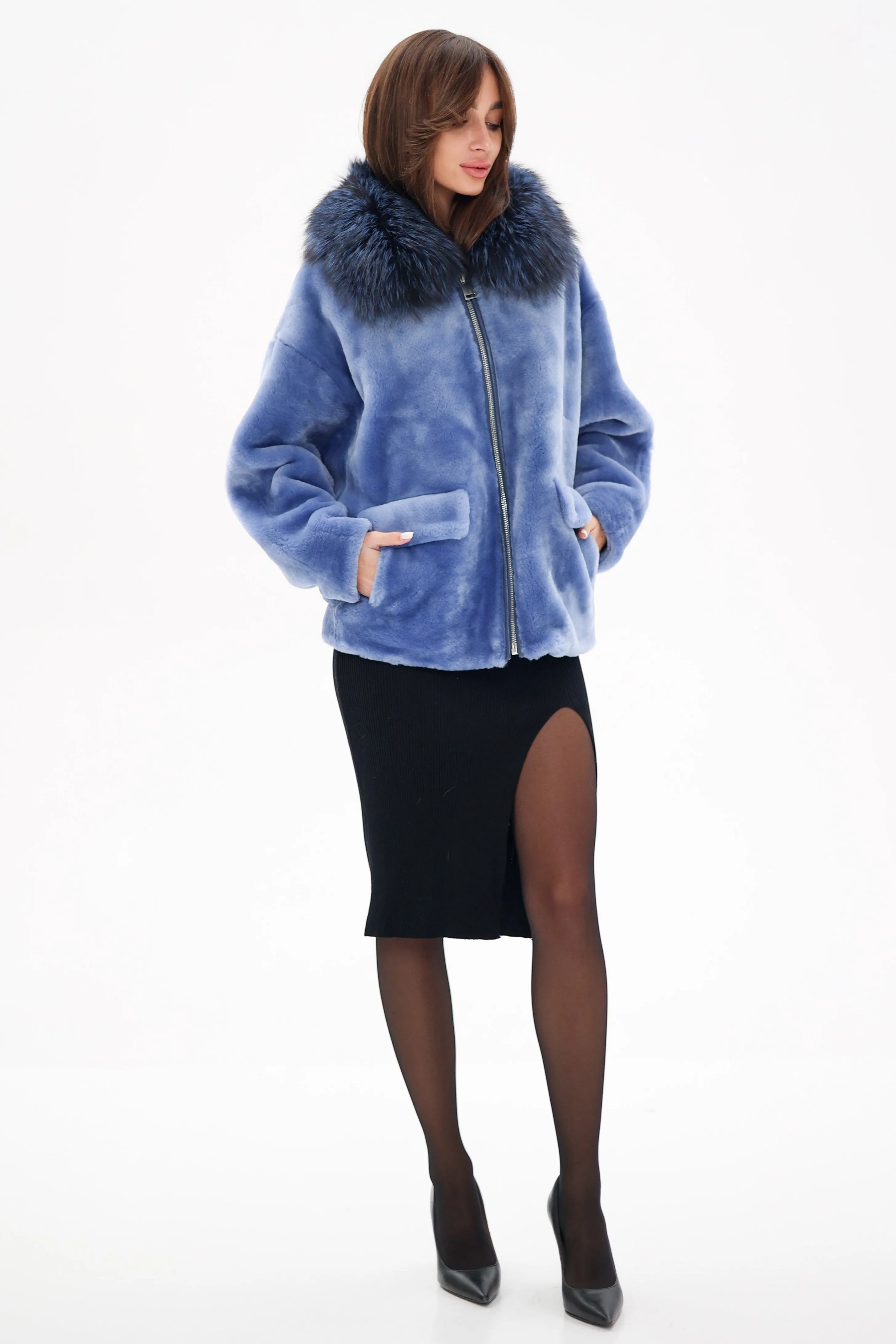 Genuine Shearling Silver Fox Trim Jacket