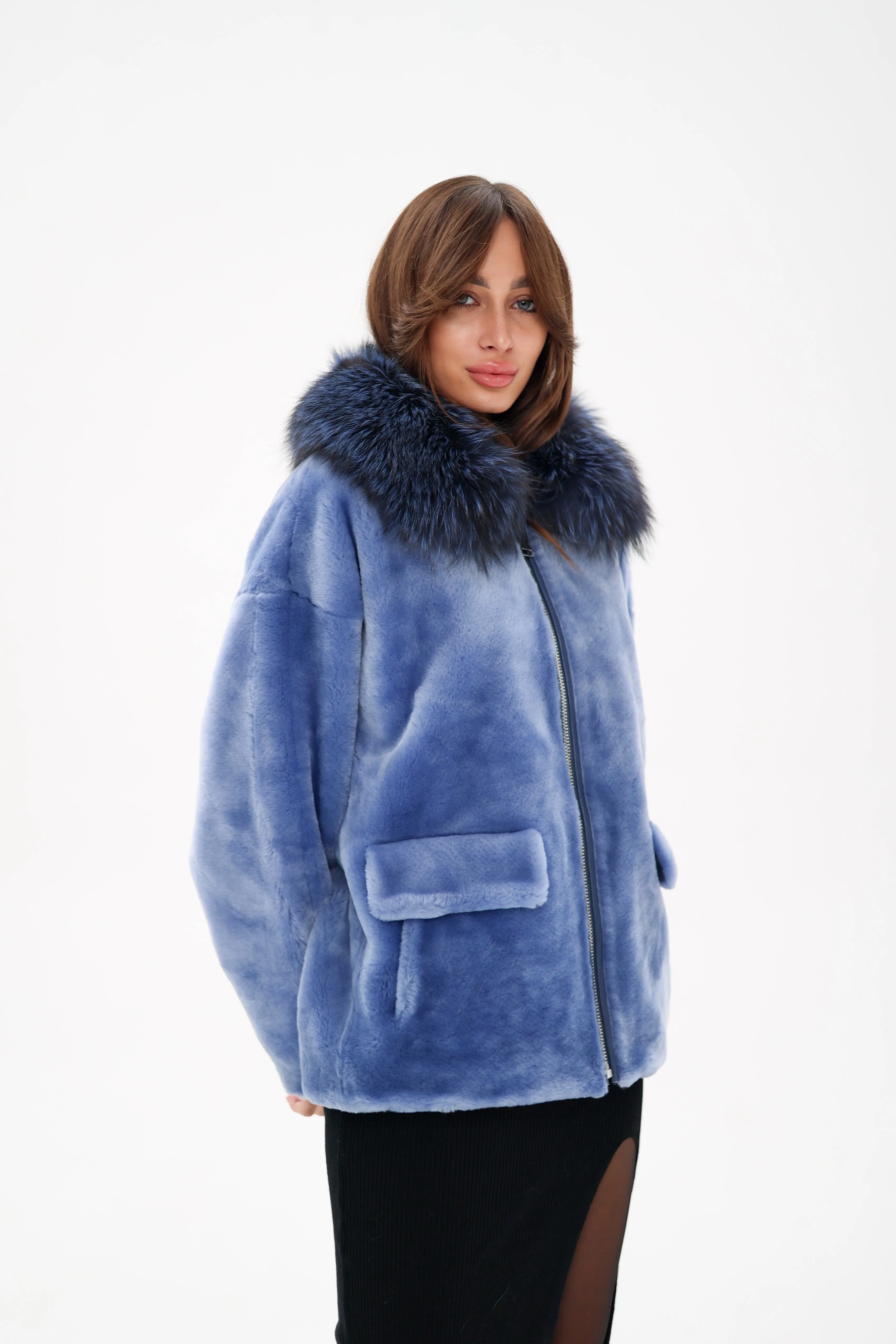 Genuine Shearling Silver Fox Trim Jacket