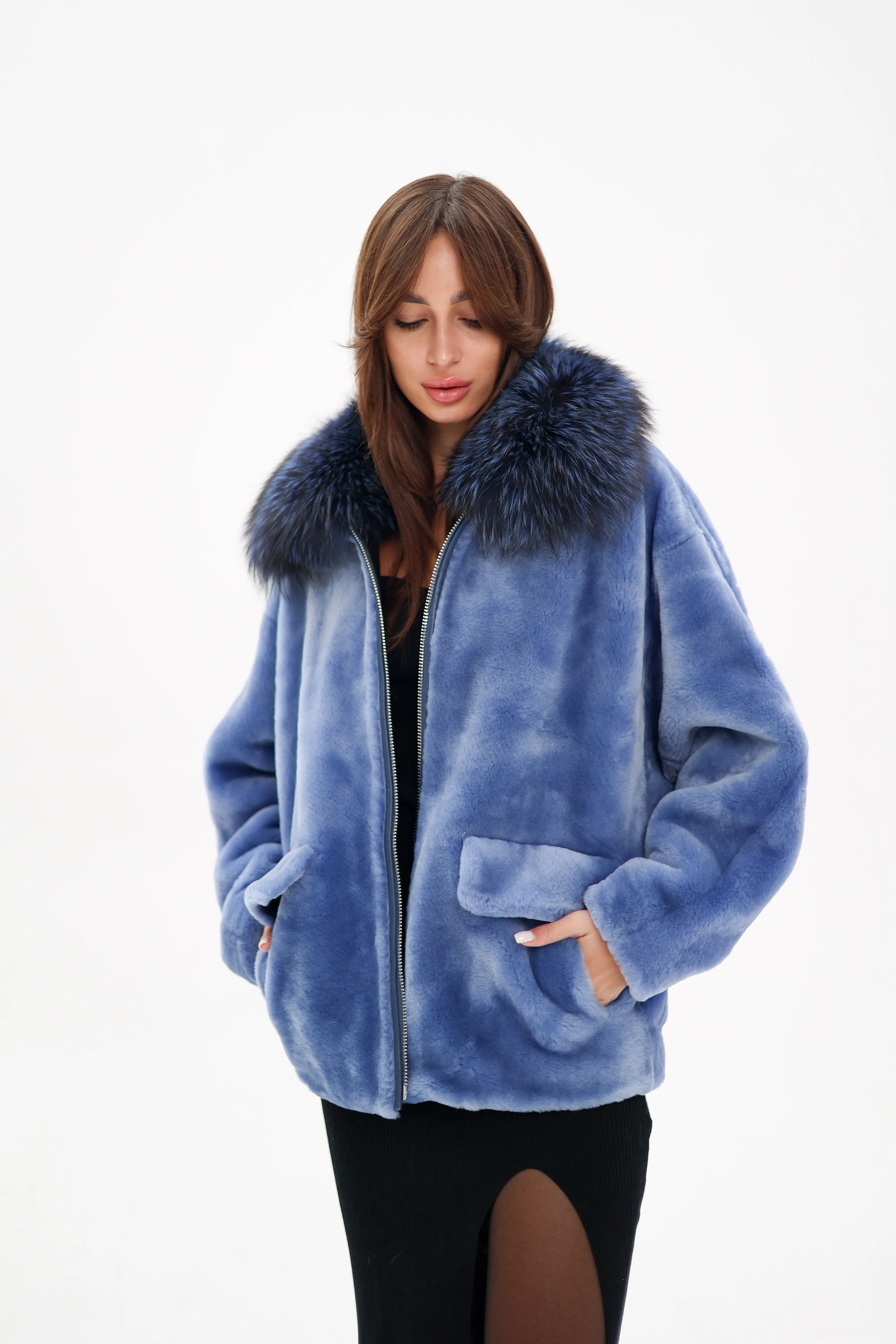 Genuine Shearling Silver Fox Trim Jacket