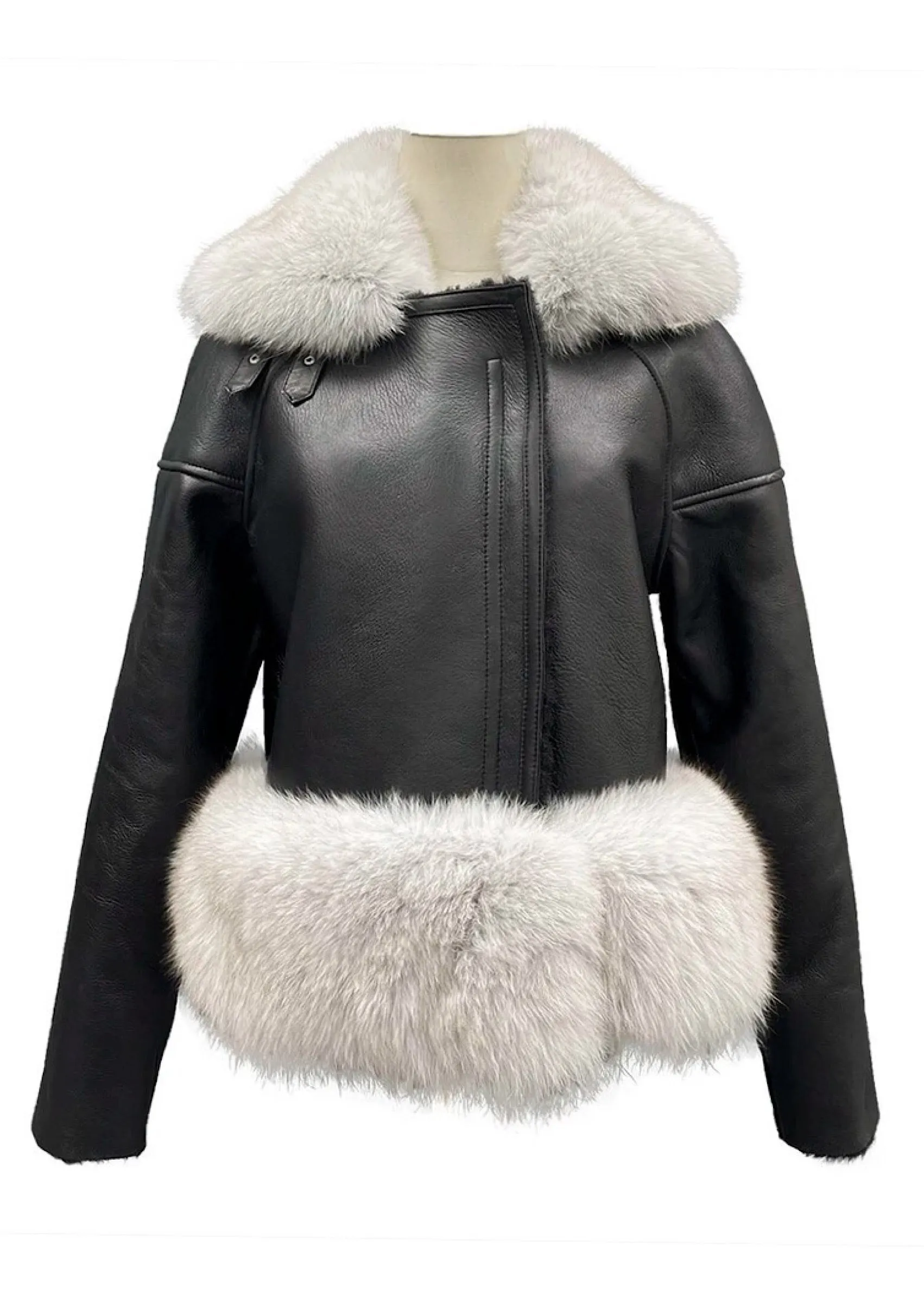 GINEVRA Black Leather Jacket with Fox Fur