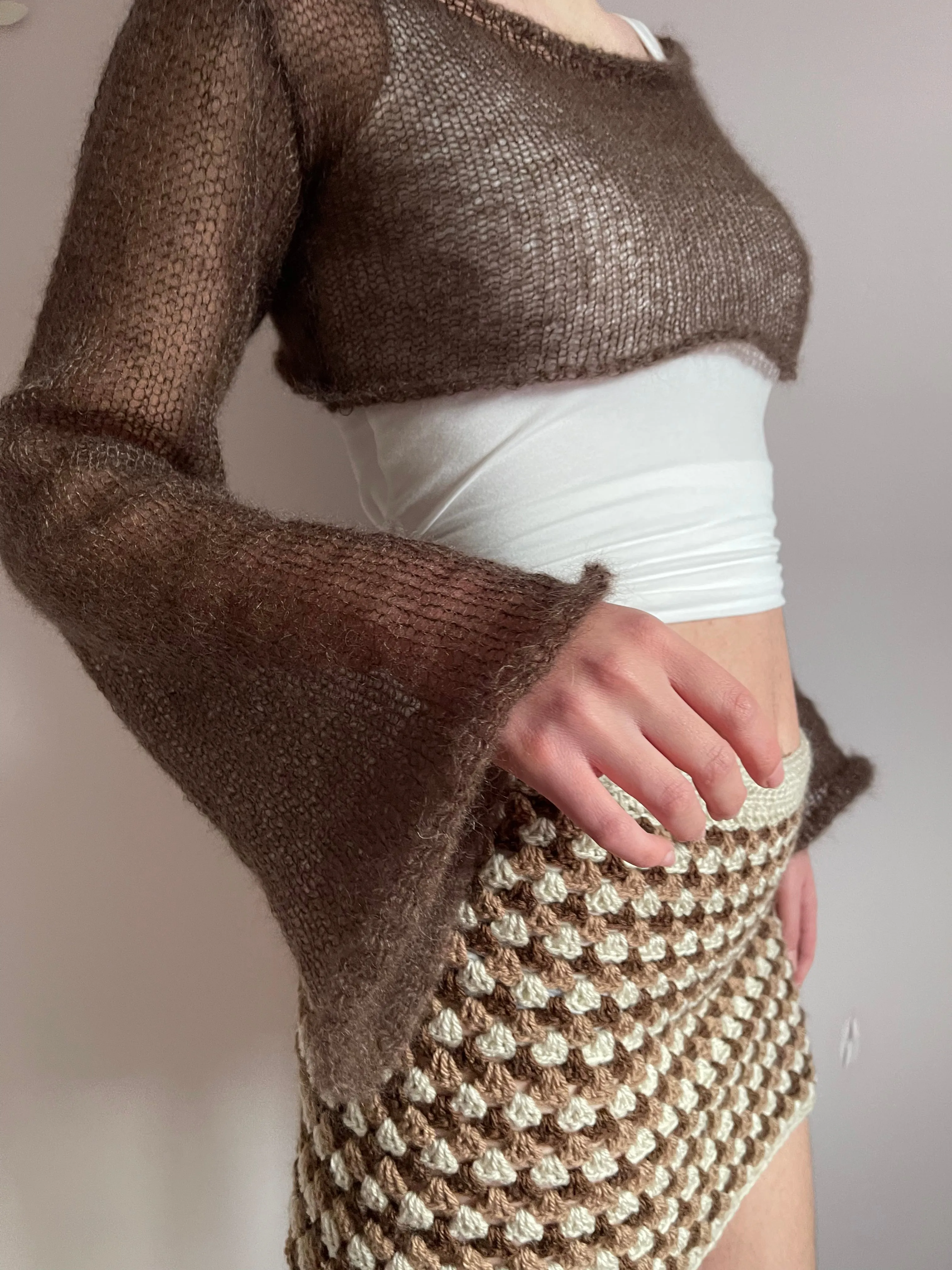 Handmade knitted brown mohair cropped jumper