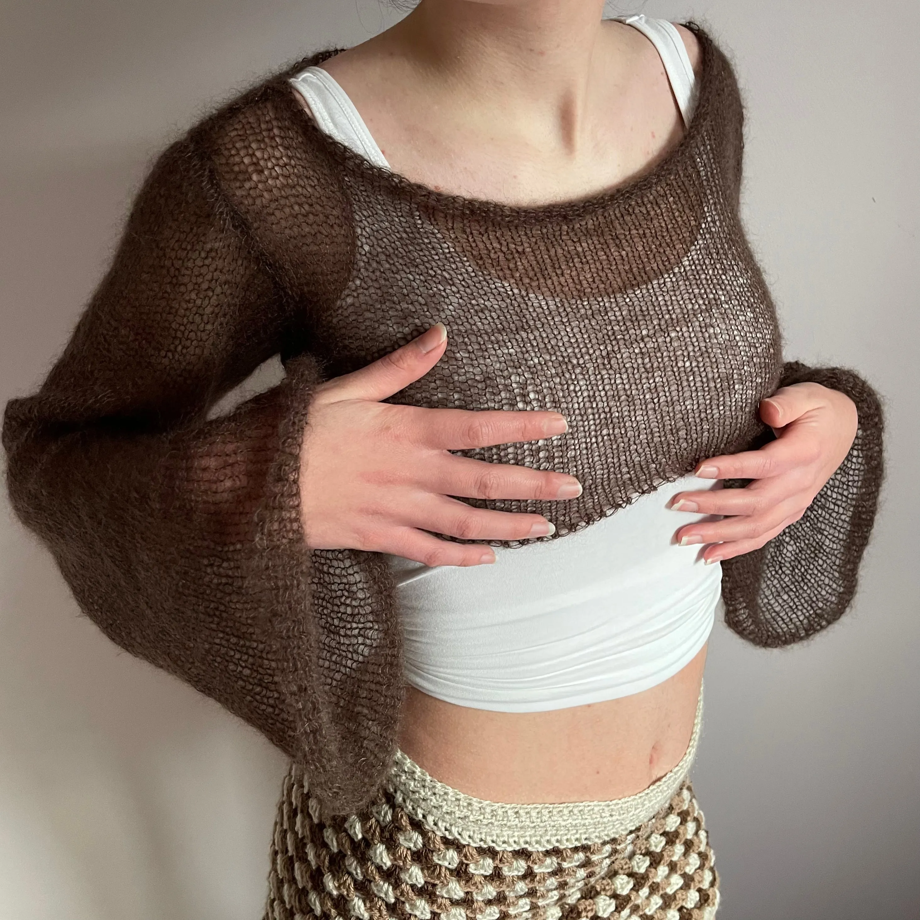 Handmade knitted brown mohair cropped jumper