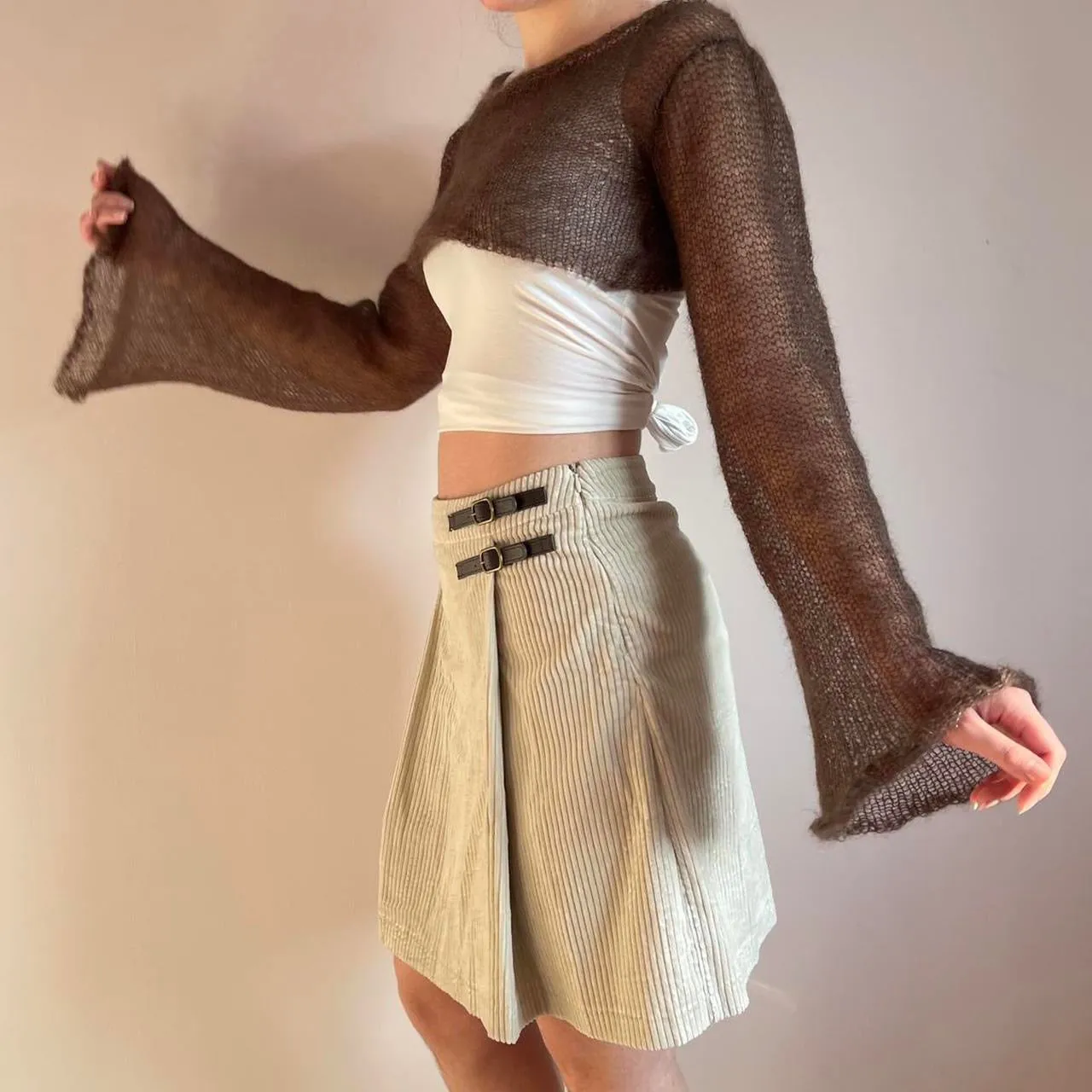 Handmade knitted brown mohair cropped jumper