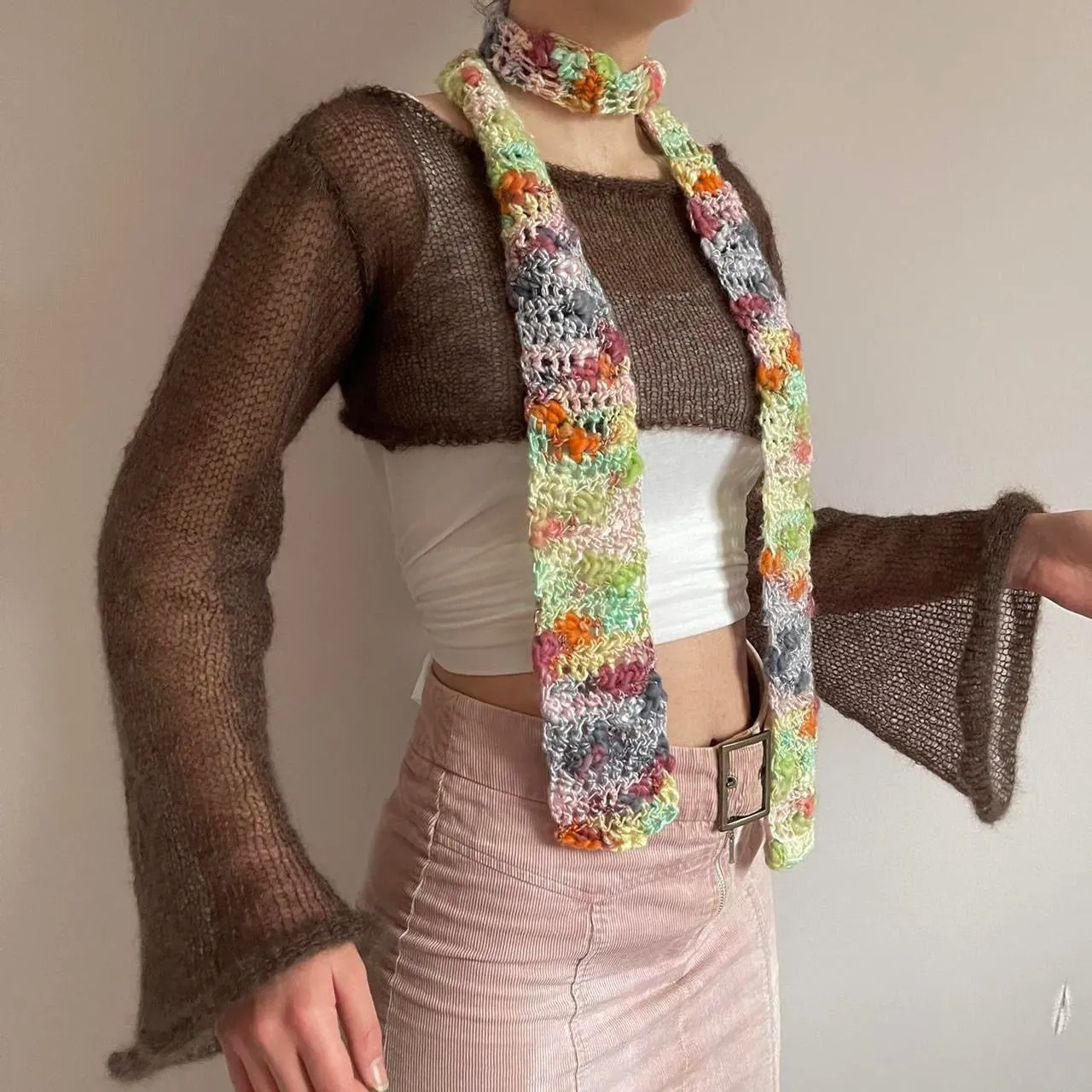 Handmade knitted brown mohair cropped jumper