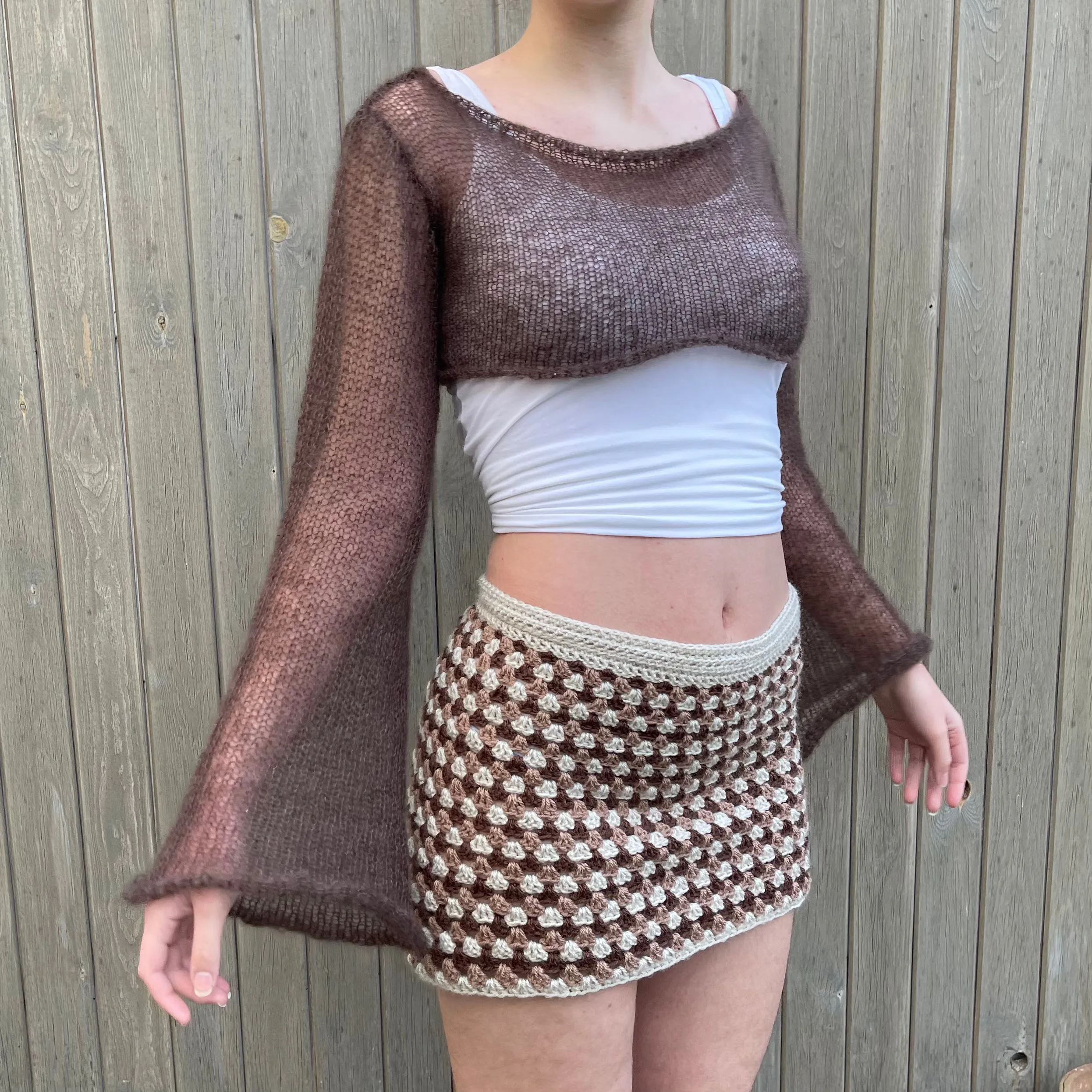 Handmade knitted brown mohair cropped jumper