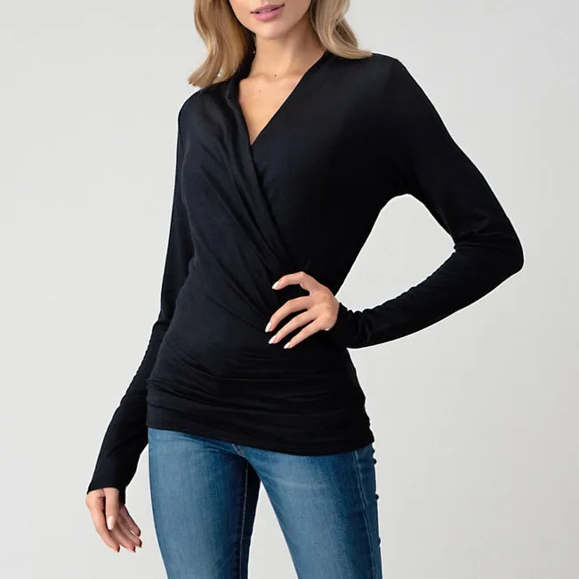 Heimious Modal Ruched Surplice Top | Black