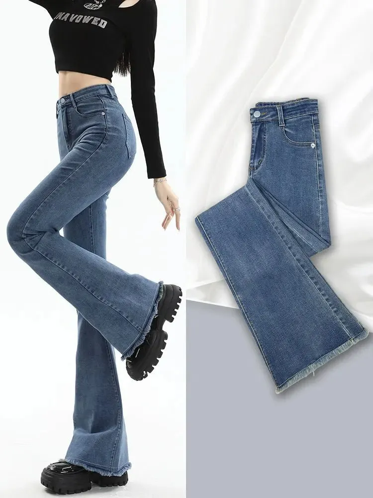 High Waist Stretchy Denim Skinny Bell Bottom Jeans for Women Fashionable Gray Classic Y2K Punk Style Short Length Trousers