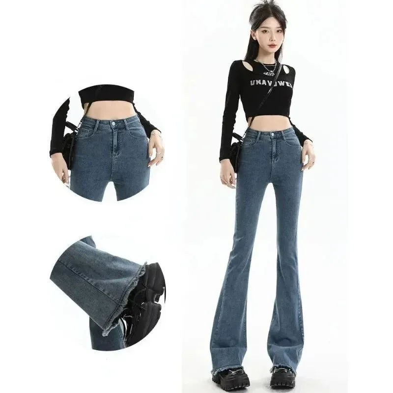 High Waist Stretchy Denim Skinny Bell Bottom Jeans for Women Fashionable Gray Classic Y2K Punk Style Short Length Trousers