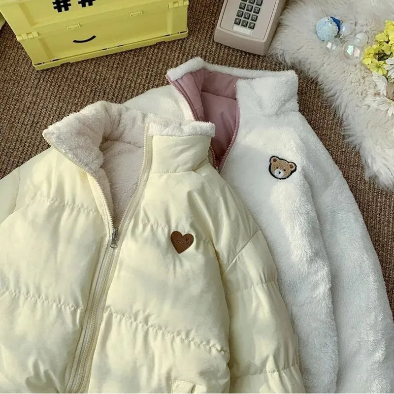 Kawaii Double Sided Cute Love Bear Winter Puffer Jacket