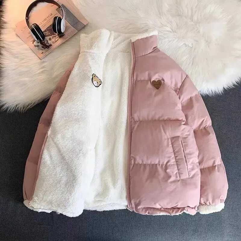 Kawaii Double Sided Cute Love Bear Winter Puffer Jacket