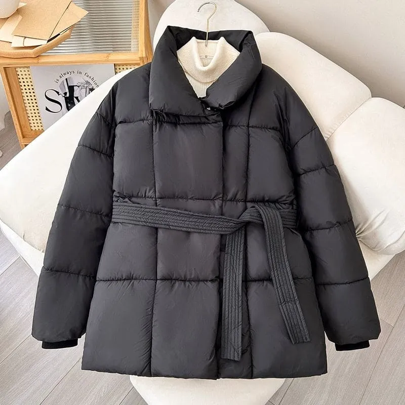 Ladies Warm Padded Winter Coat in Black with Belt Design