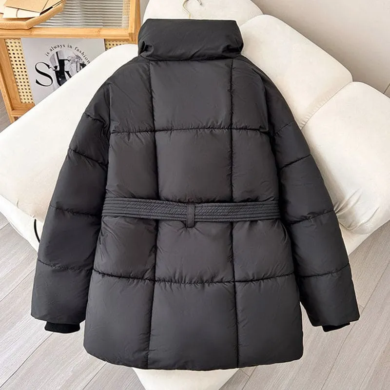 Ladies Warm Padded Winter Coat in Black with Belt Design