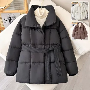 Ladies Warm Padded Winter Coat in Black with Belt Design