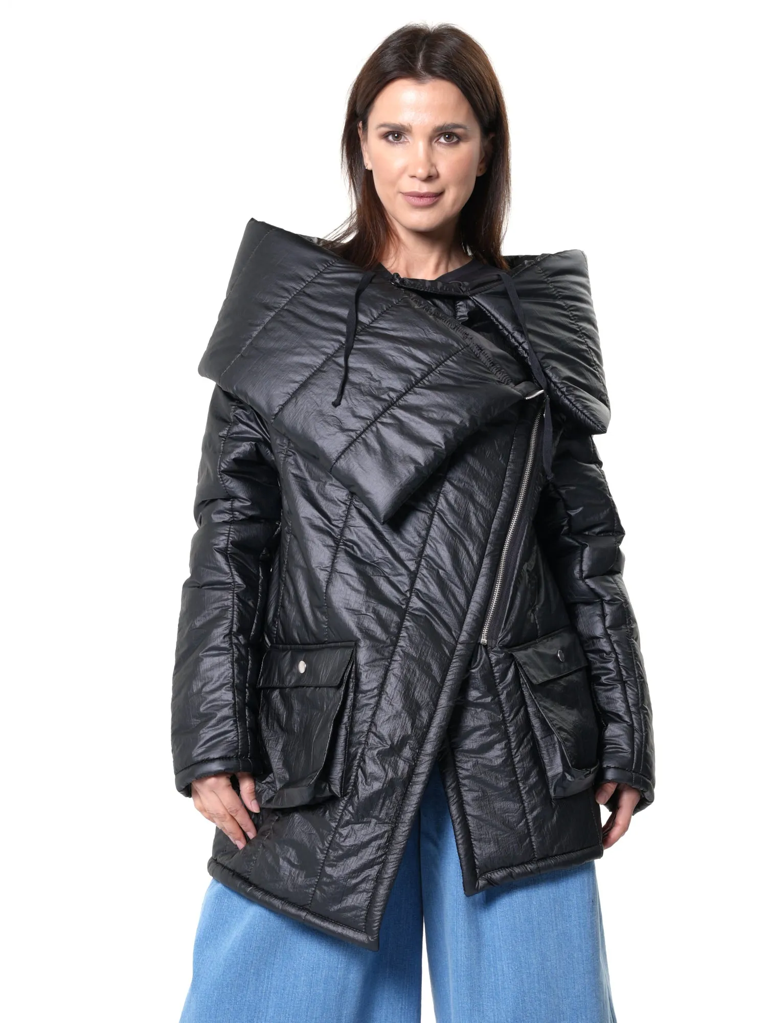 Large Collar Puffer Jacket In Black