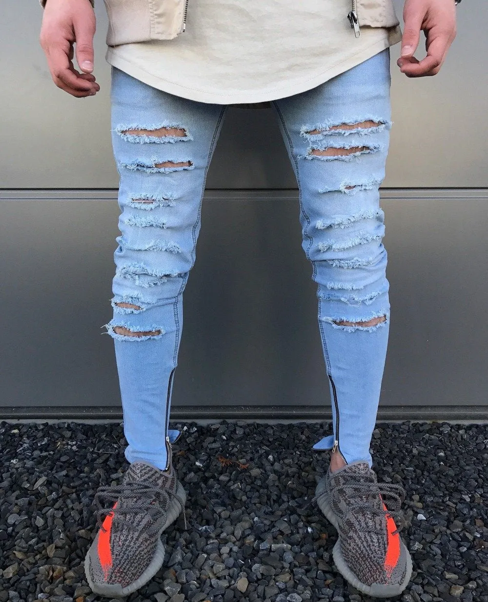 Light Blue Skinny Multi Ripped Ankle Zipper Jeans