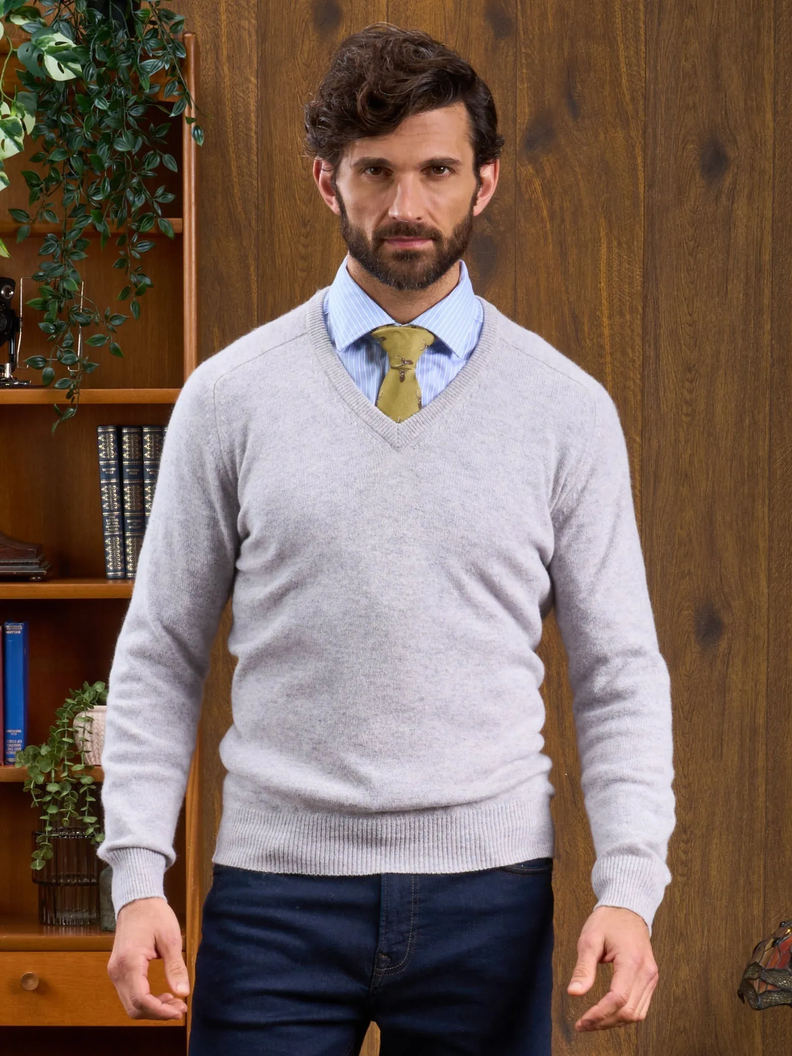 Men's Lambswool Vee Neck Jumper in Light Grey Mix - Classic Fit