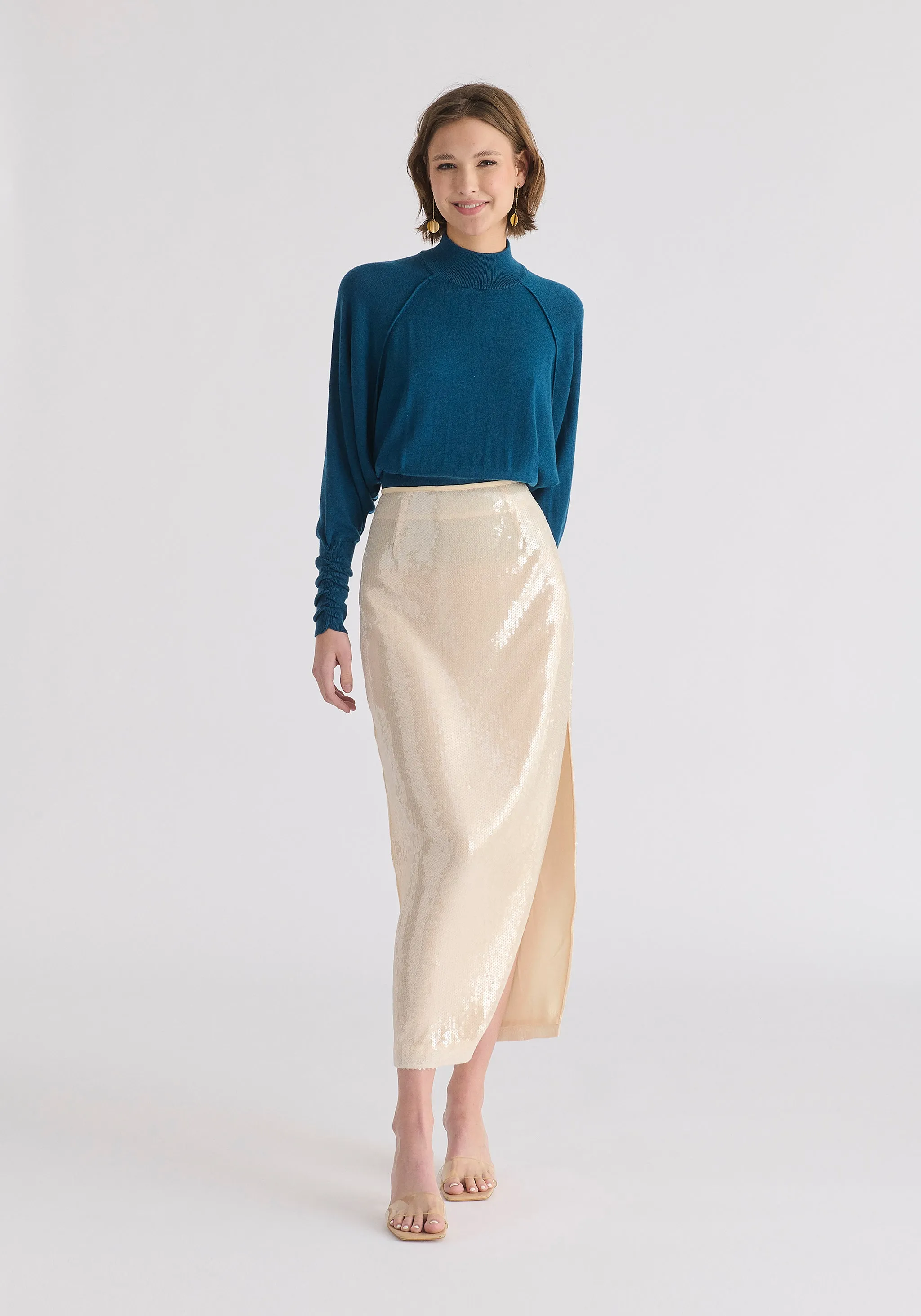 Mock Neck Batwing Jumper with Ruched Cuffs