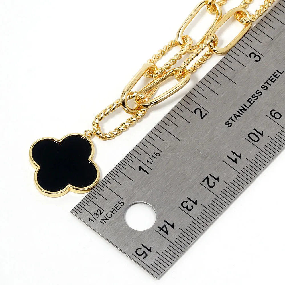 Mother of Pearl Clover on Twisted Link Chain-Gold/Black