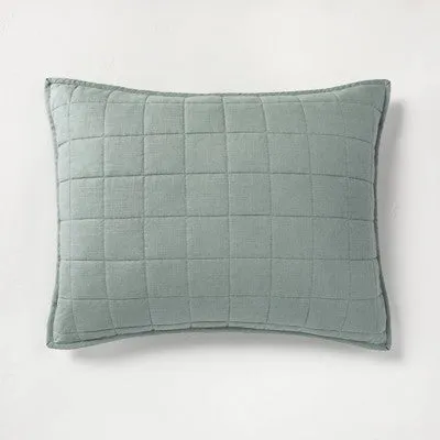 New - Casaluna Pillow Sham Linen-Blend OEKO-TEX Quilted, Sage Green, King