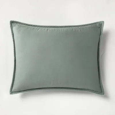 New - Casaluna Pillow Sham Linen-Blend OEKO-TEX Quilted, Sage Green, King