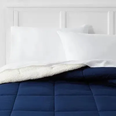 New - Room Essentials Sherpa Comforter Reversible Washed Quilted, Navy, Full/Queen