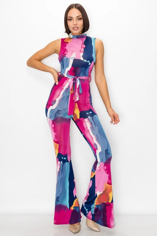 Painted Bell Bottom Jumpsuit with Open Back & Front Tie Waist