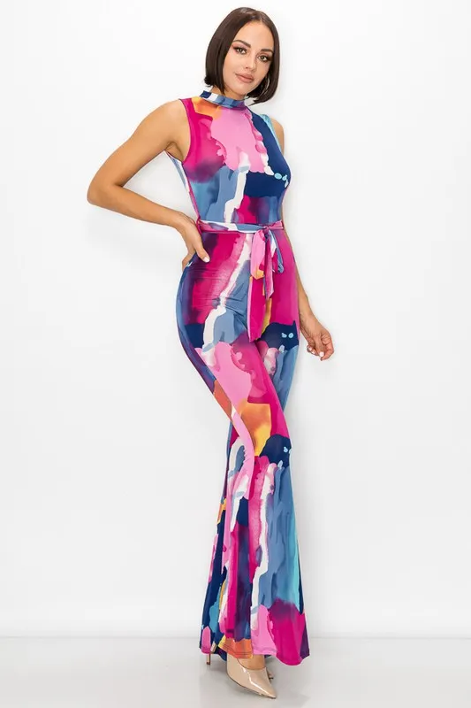 Painted Bell Bottom Jumpsuit with Open Back & Front Tie Waist