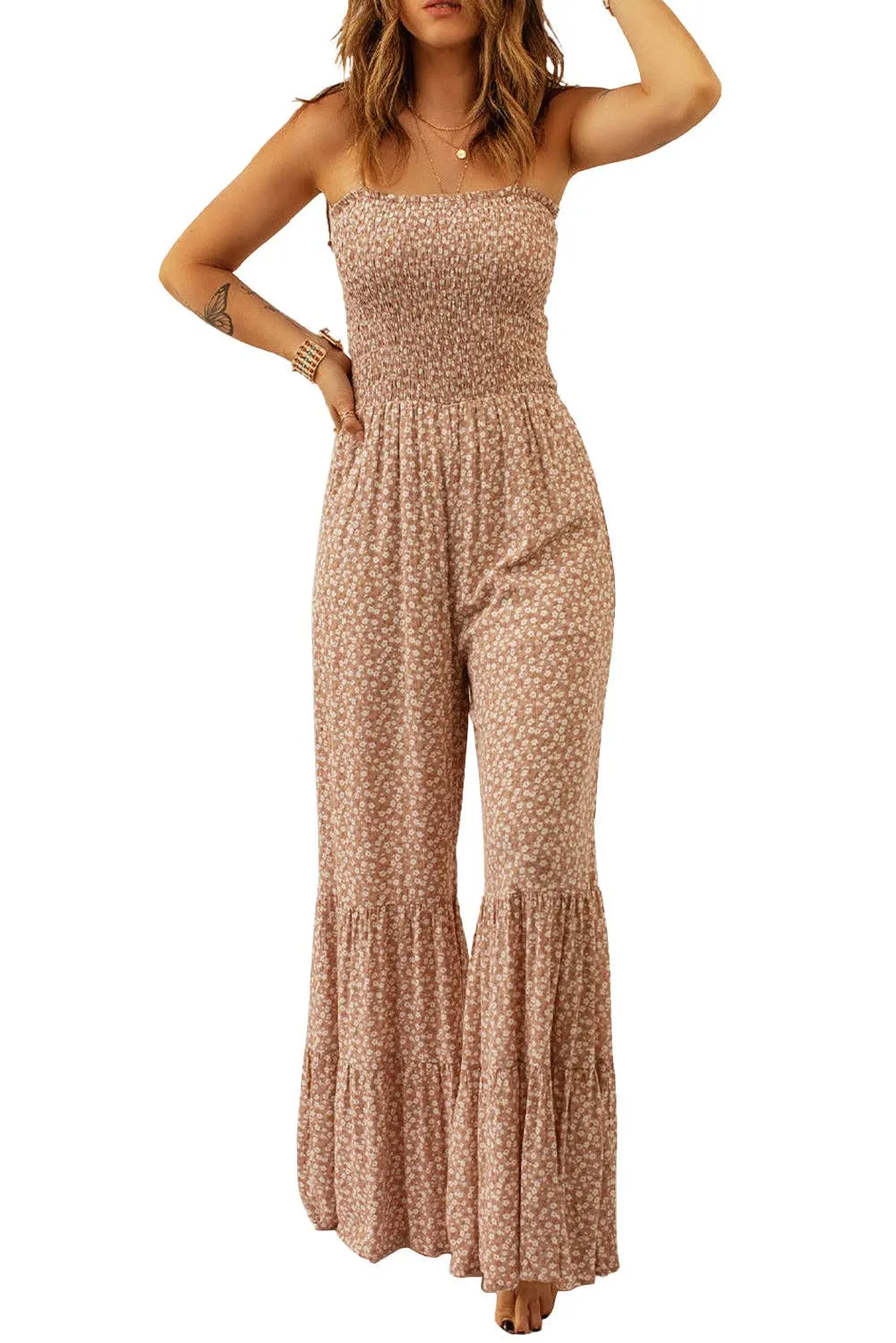 PB103 - Floral Smocked Wide Leg Jumpsuit