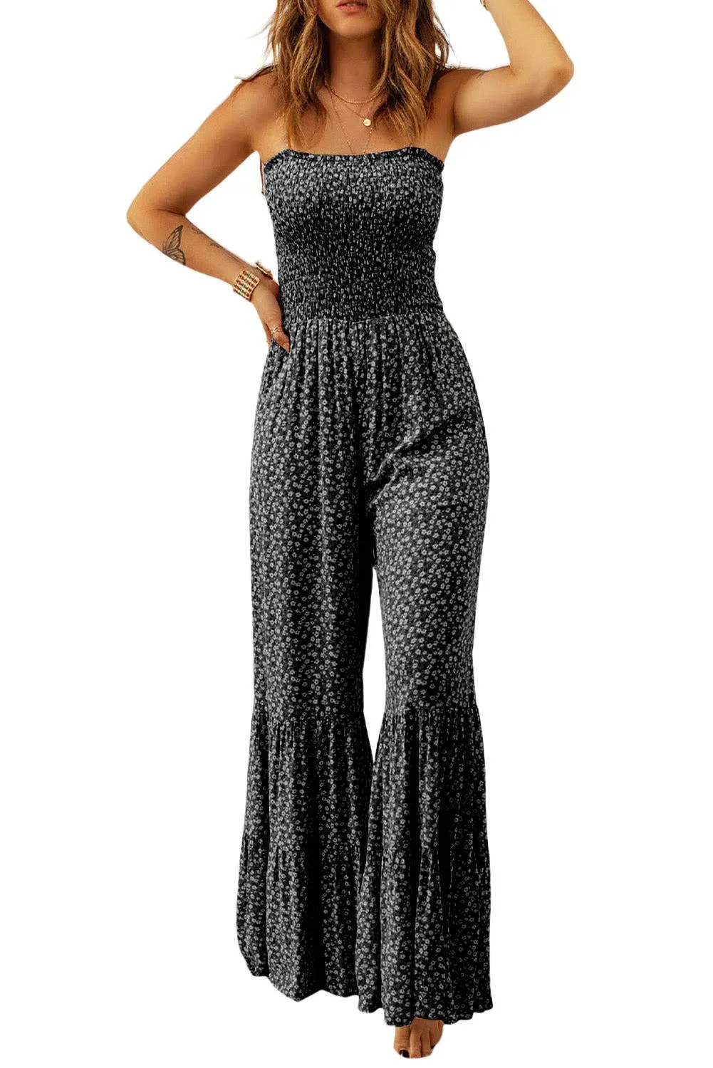 PB103 - Floral Smocked Wide Leg Jumpsuit