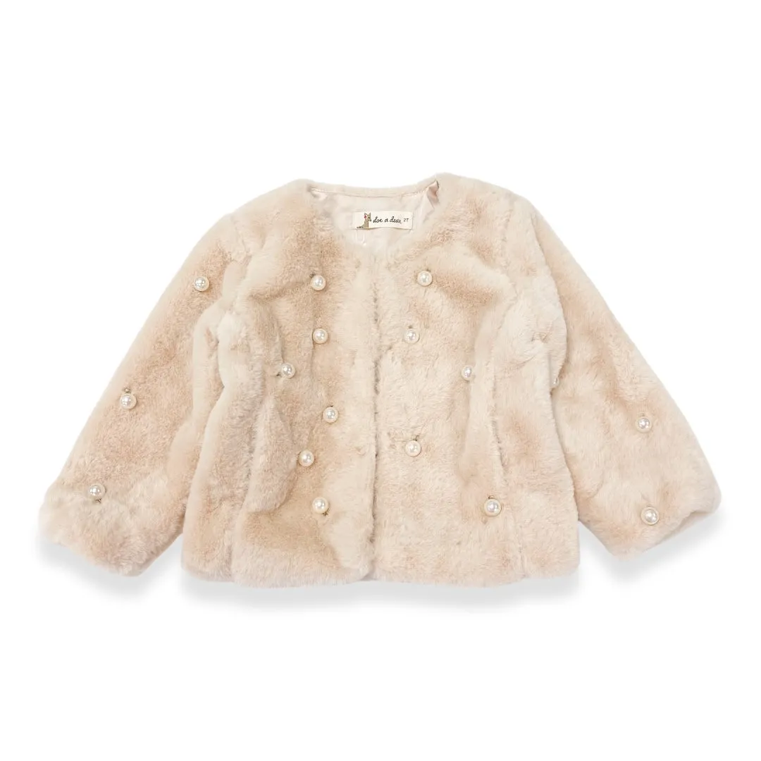 Pearl Stud Beige Fur Coat