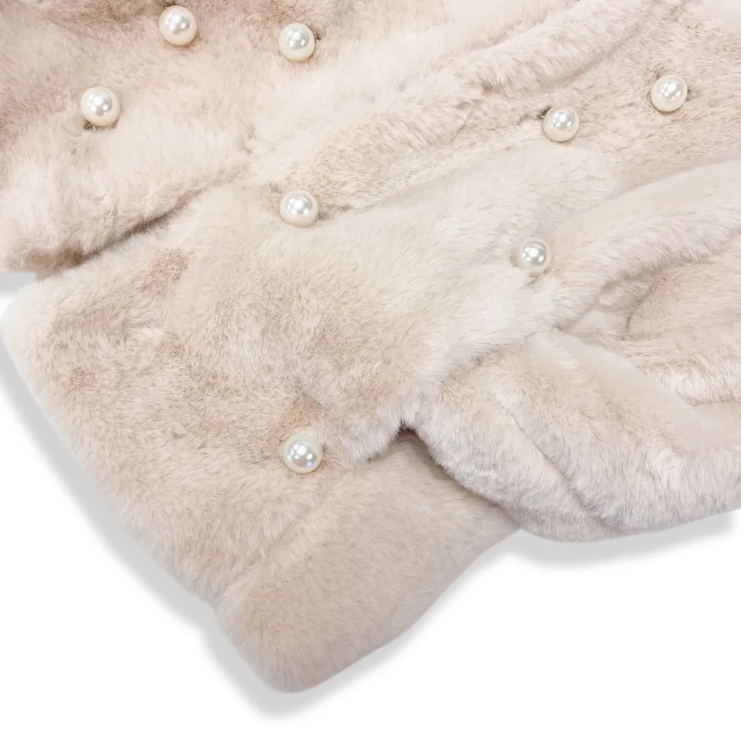 Pearl Stud Beige Fur Coat