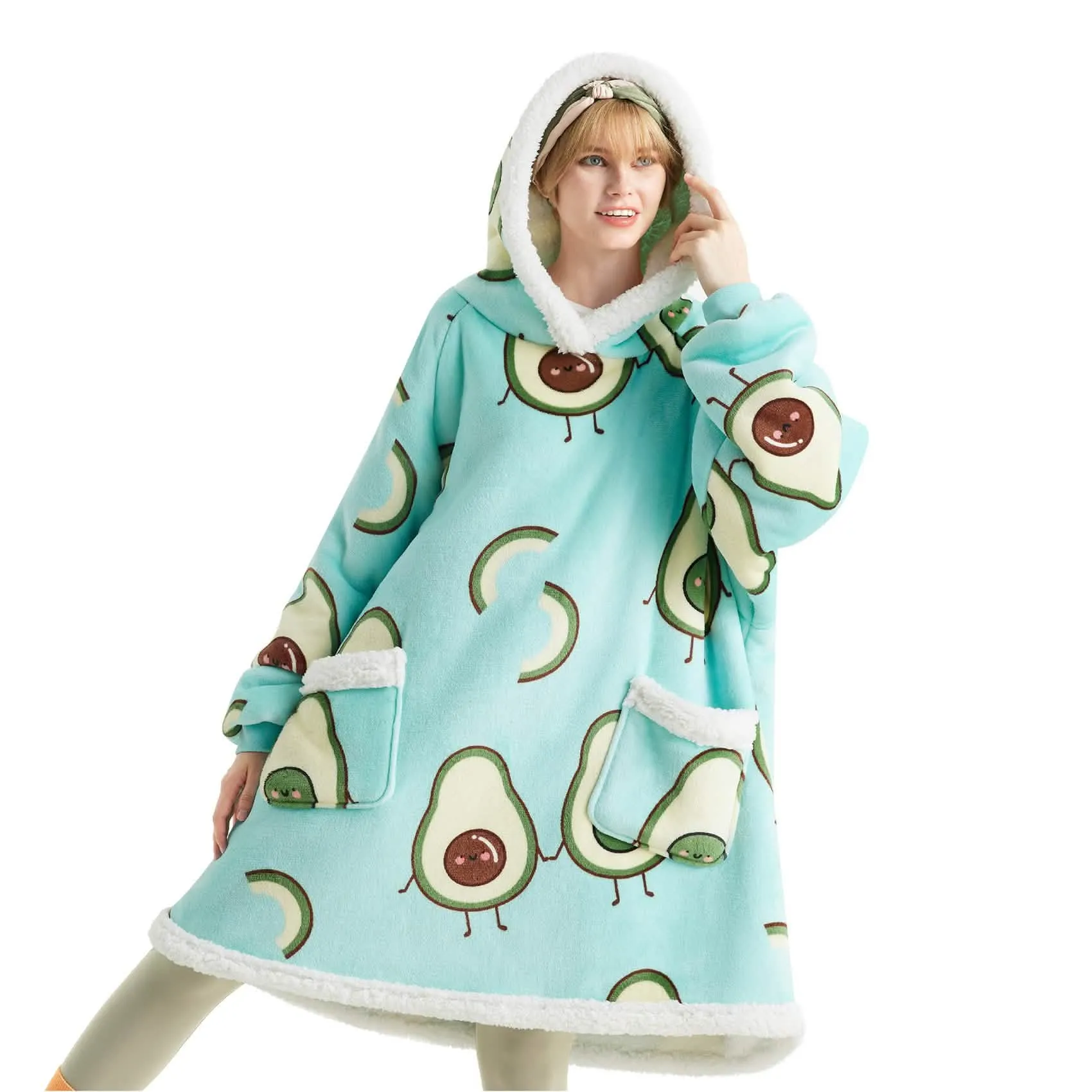 Sherpa Fleece Printed Short Wearable Blanket Hoodie Mint Green