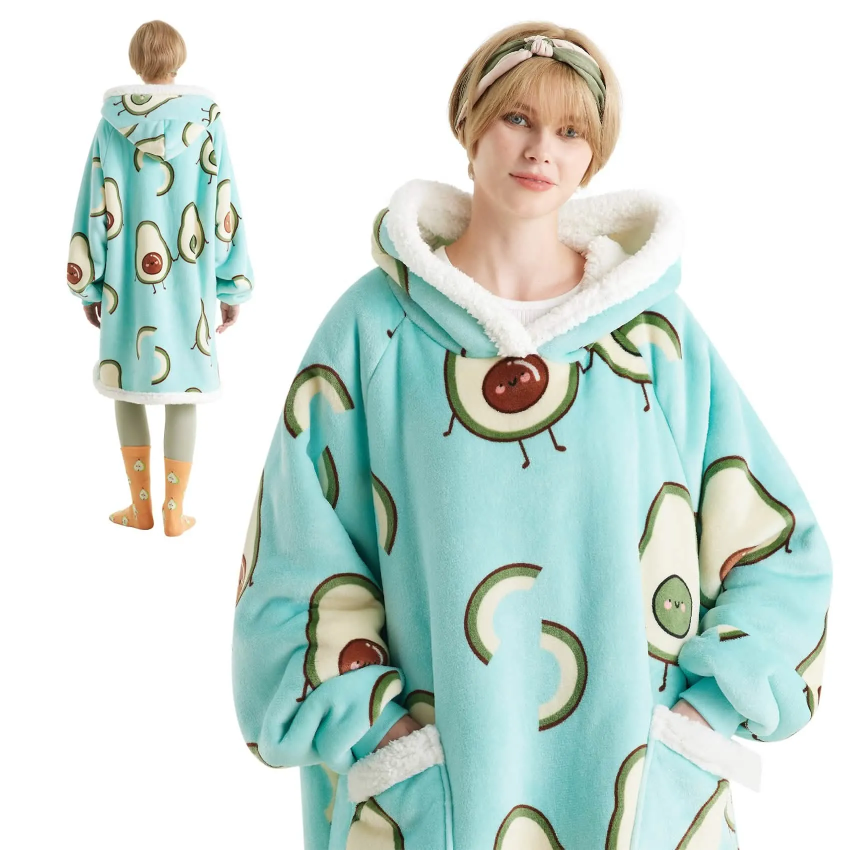 Sherpa Fleece Printed Short Wearable Blanket Hoodie Mint Green