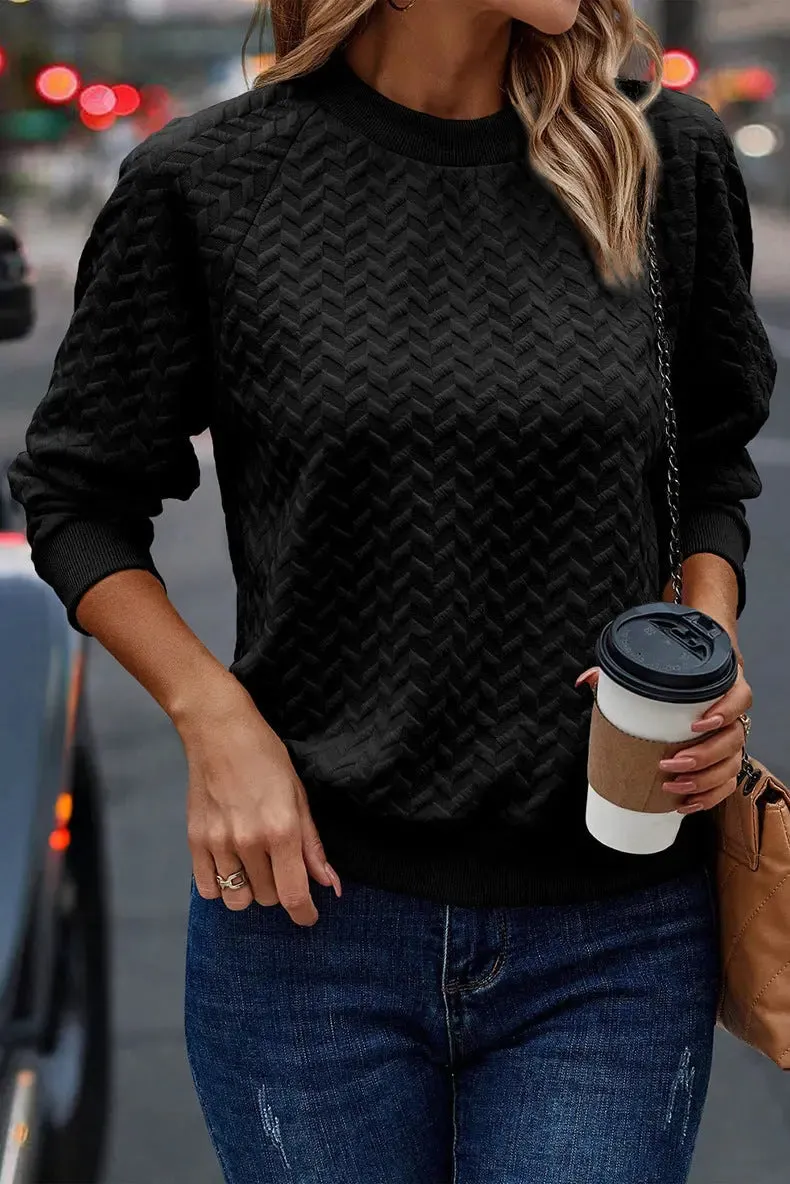 Solid Color Textured Round Neck Sweater