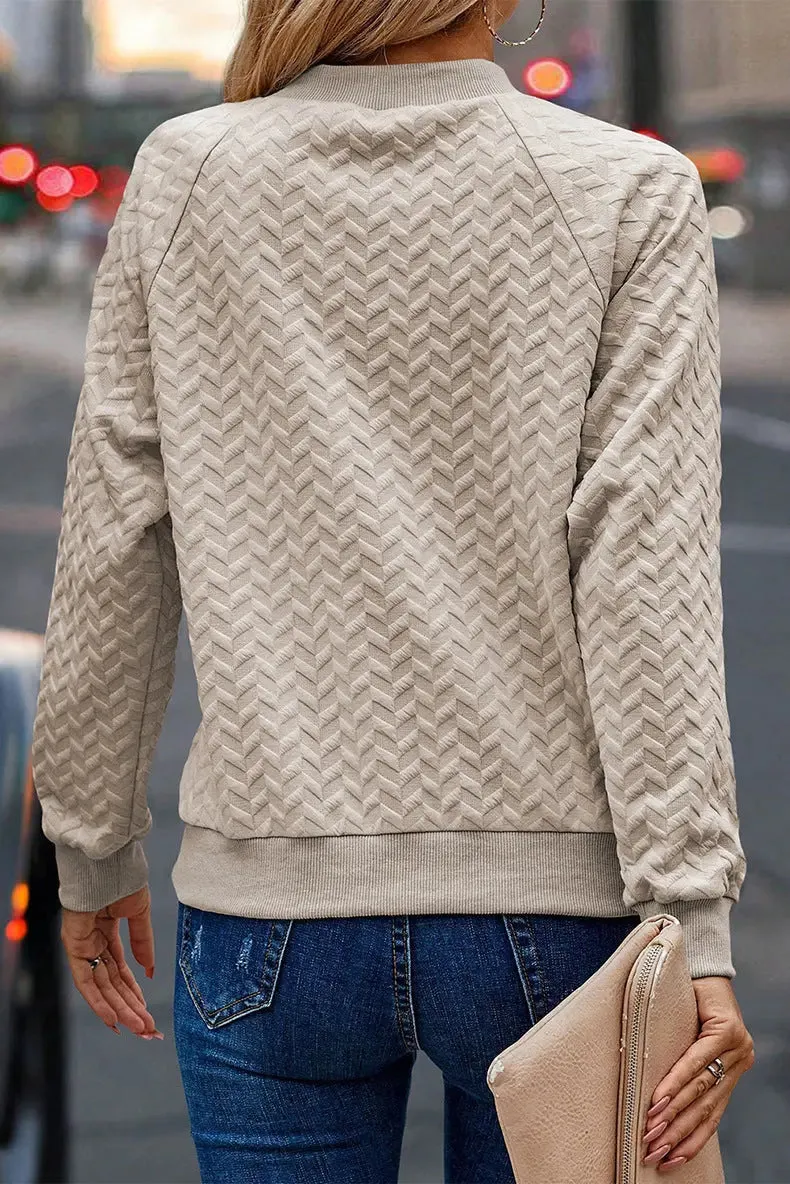 Solid Color Textured Round Neck Sweater