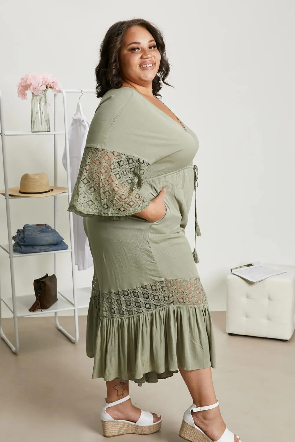 Sweet Lovely by Jen Isn't She Lovely Full Size Lace Detail Jumpsuit in Cactus