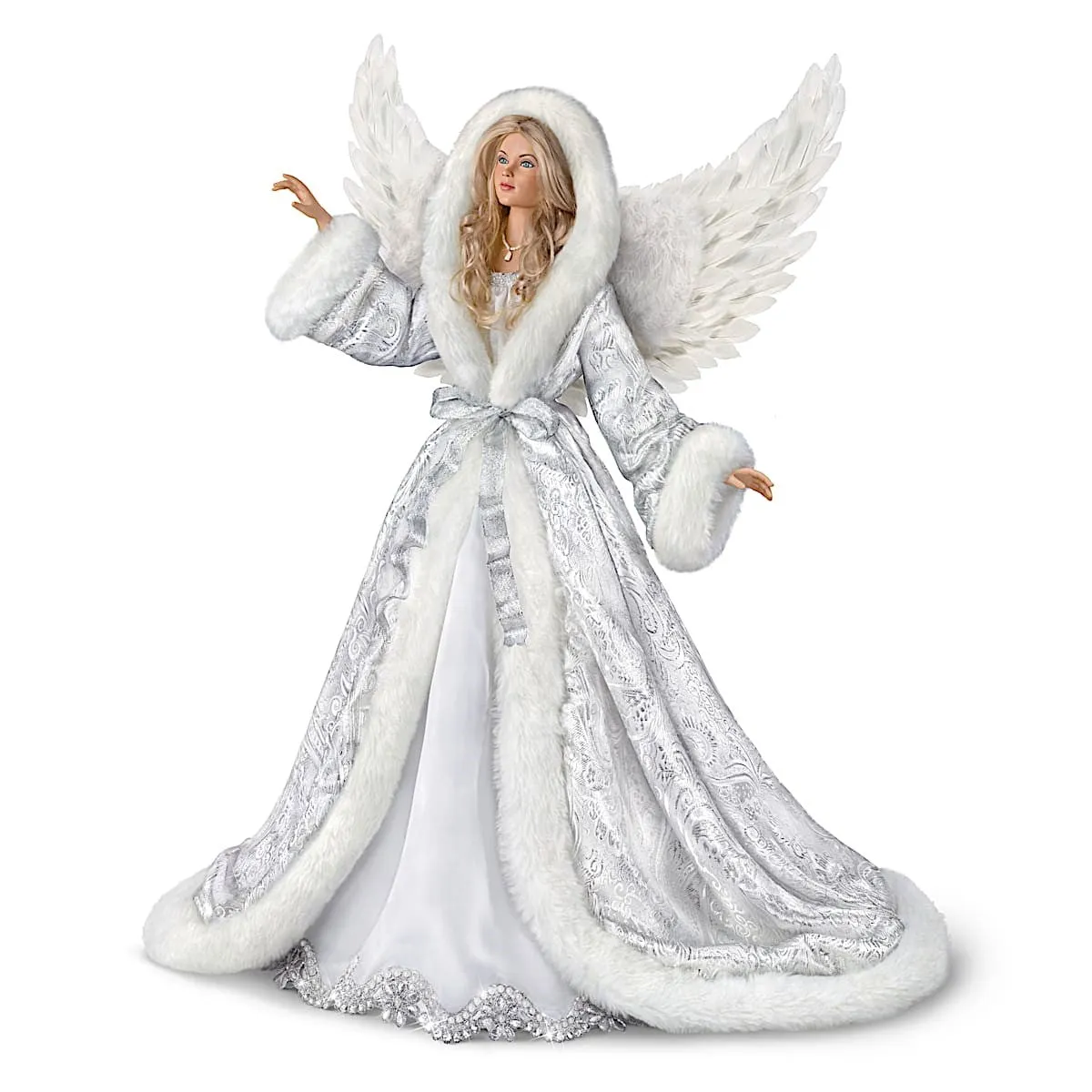 The Ashton - Drake Galleries Illuminated Silent Night Christmas Angel Decor Poseable Musical Porcelain Doll with Faux Fur Coat Lined with More Than 40 LED Lights Plays the Silent Night Melody 24"-inches