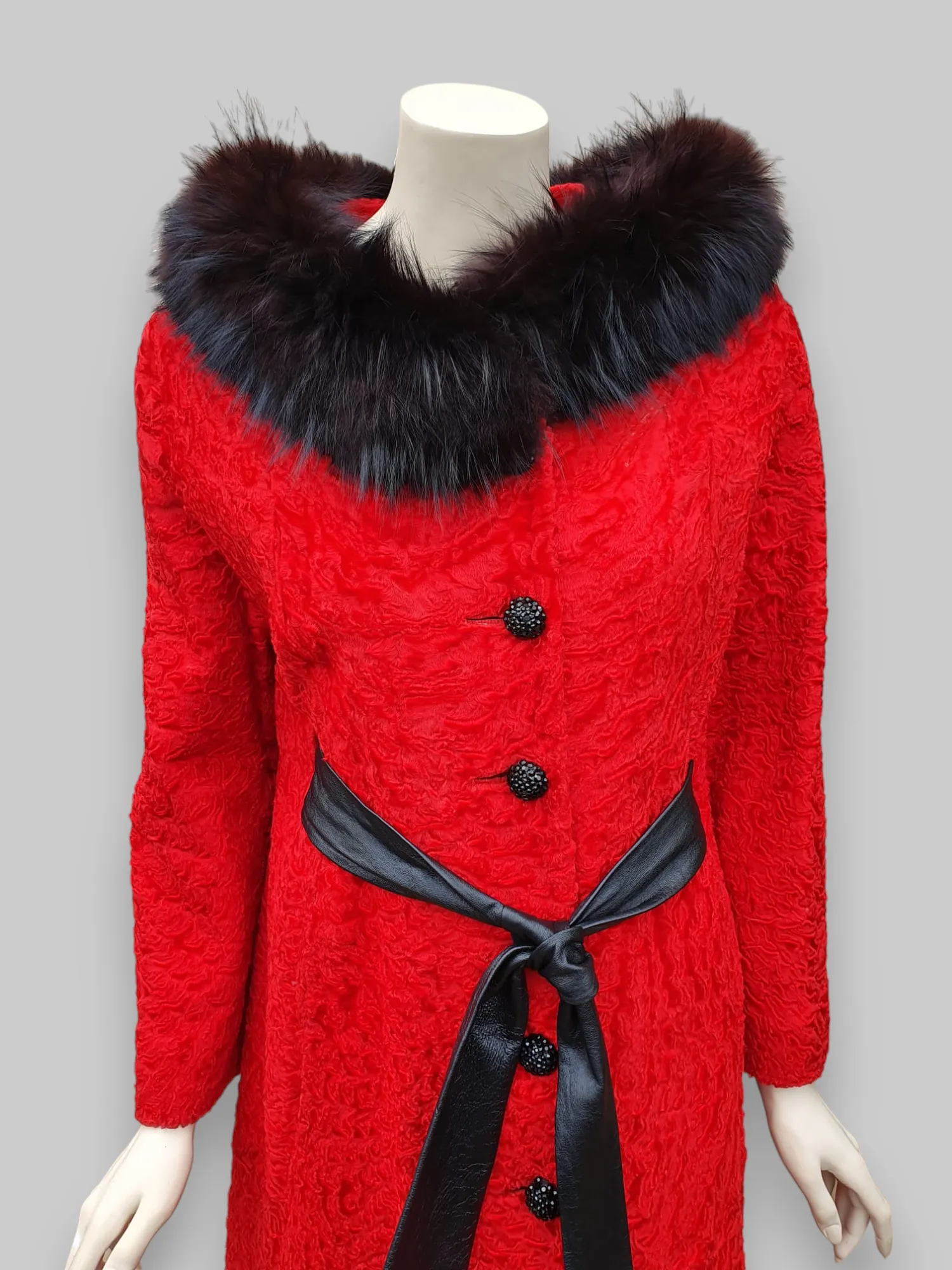 Vintage Red American Broadtail & Fox Fur Coat -Medium